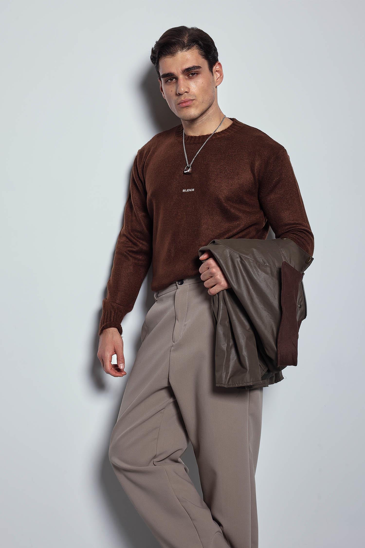 Erkek Regular Fit Bisiklet Yaka Kazak Kahve