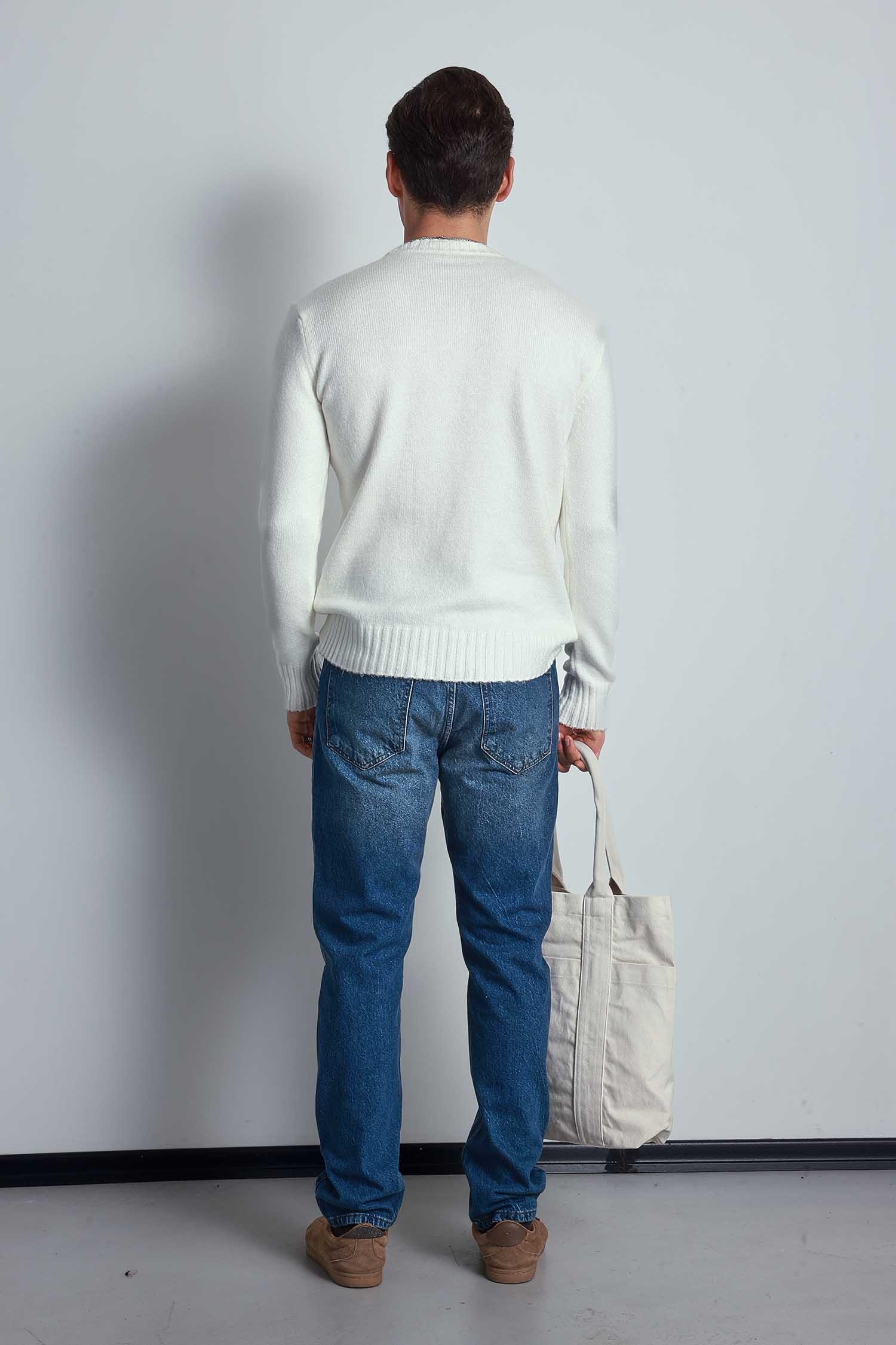 Erkek Regular Fit Bisiklet Yaka Kazak Ekru