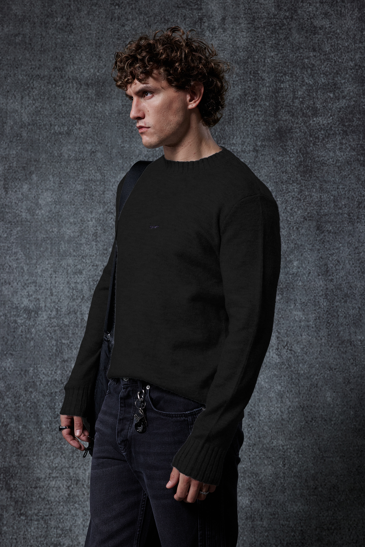 Erkek Regular Fit Bisiklet Yaka Kazak Siyah