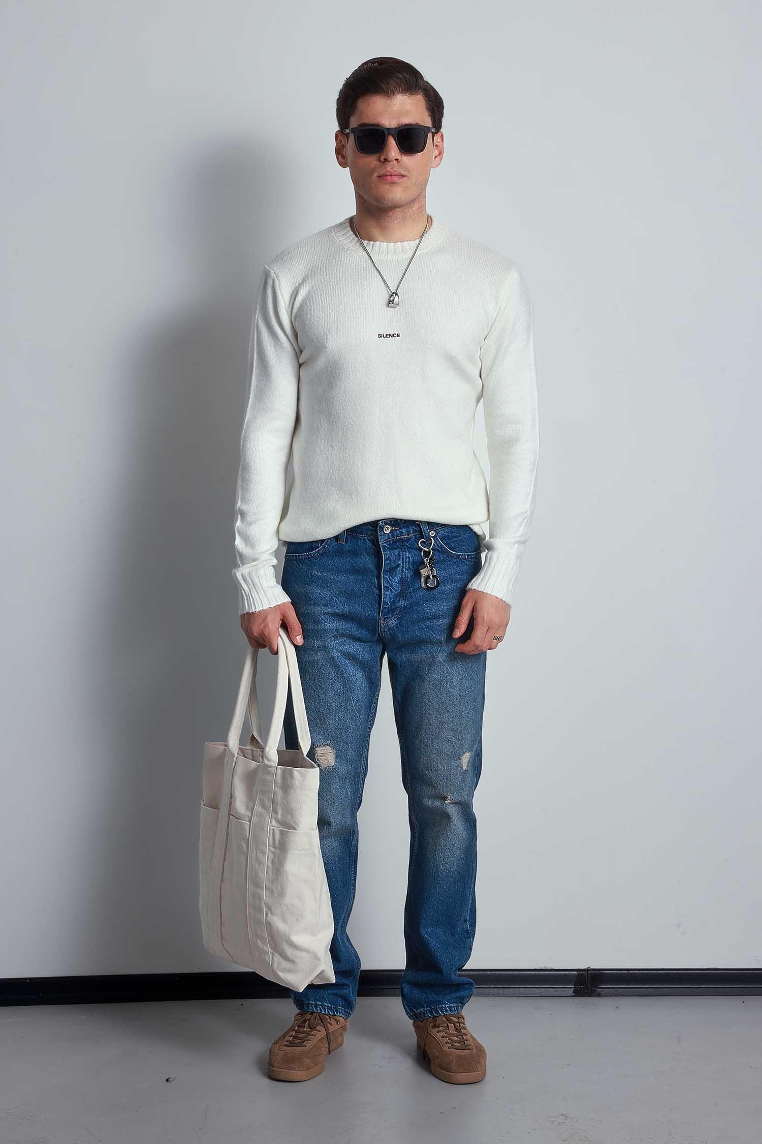 Erkek Regular Fit Bisiklet Yaka Kazak Ekru