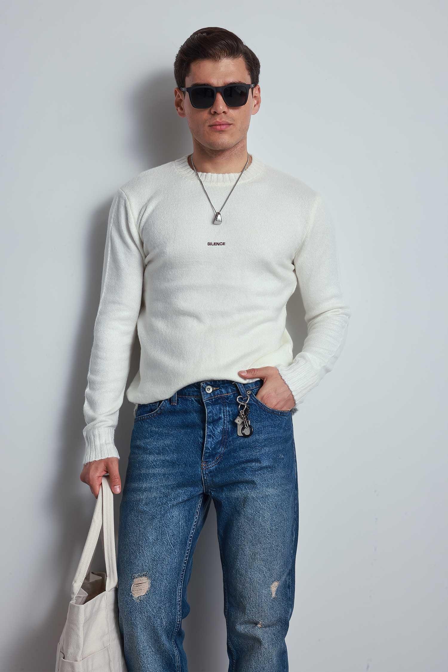 Erkek Regular Fit Bisiklet Yaka Kazak Ekru