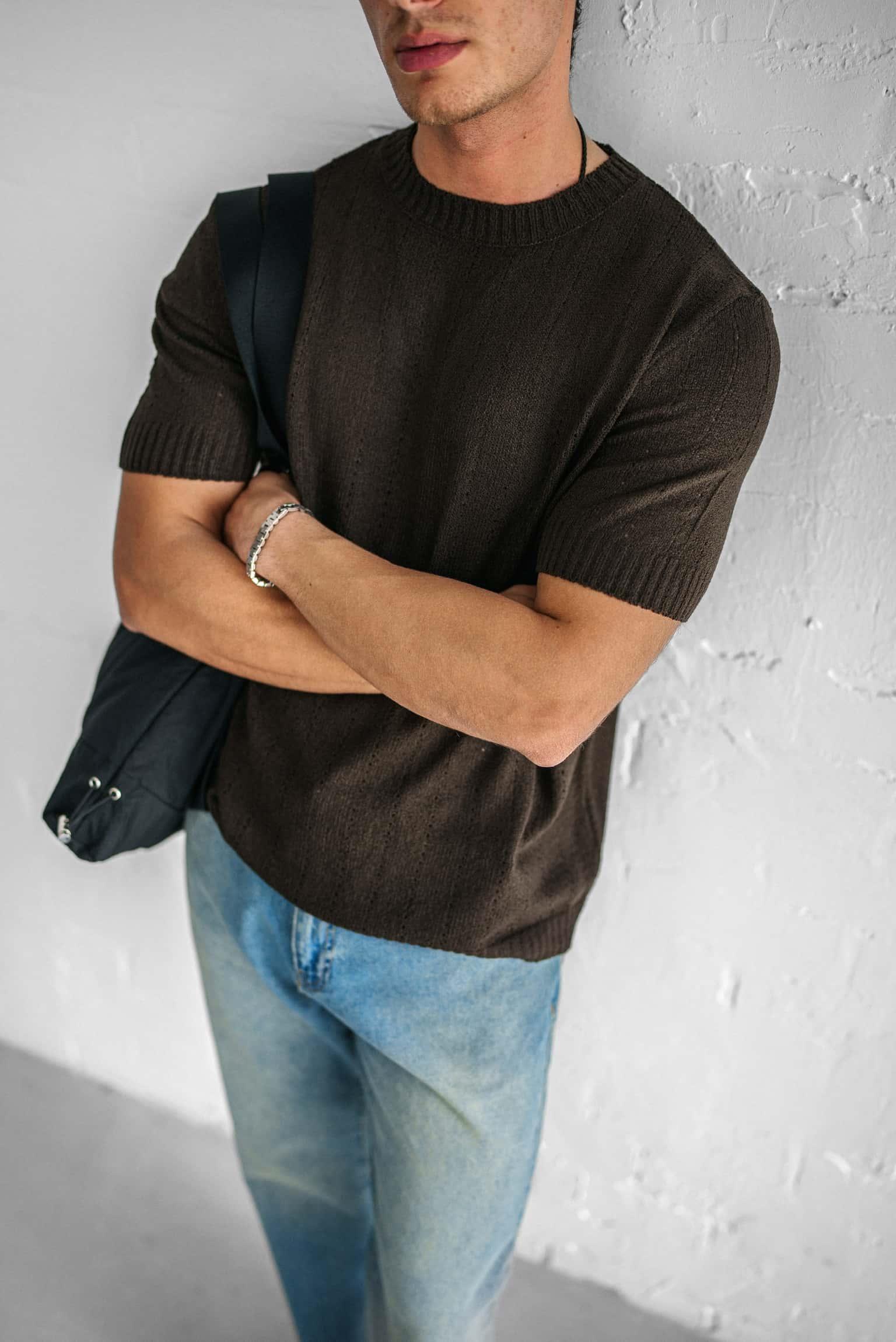 Erkek Regular Fit Örme Desenli T-Shirt Koyu Kahve