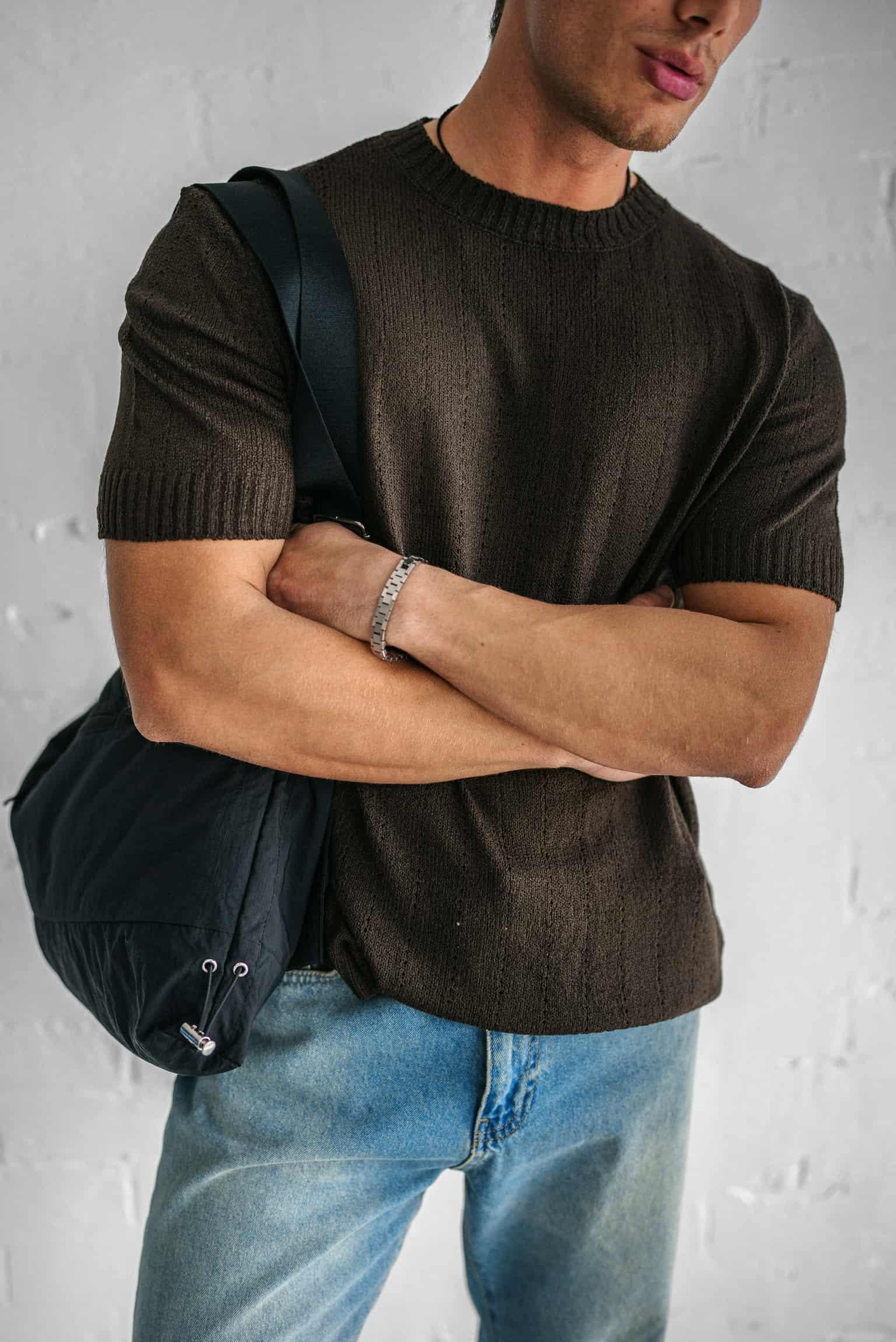 Erkek Regular Fit Örme Desenli T-Shirt Koyu Kahve