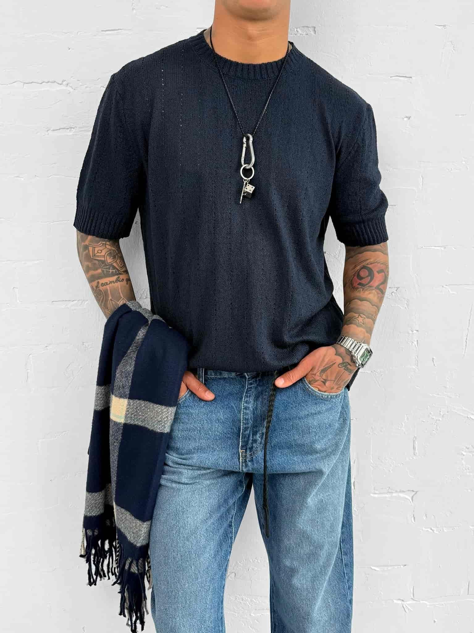 Erkek Regular Fit Örme Desenli T-Shirt Lacivert