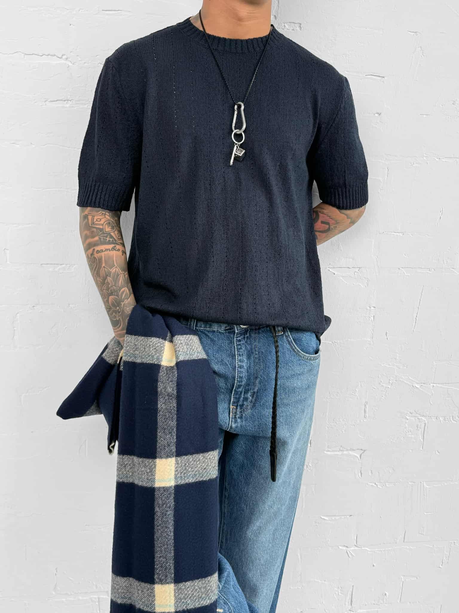 Erkek Regular Fit Örme Desenli T-Shirt Lacivert