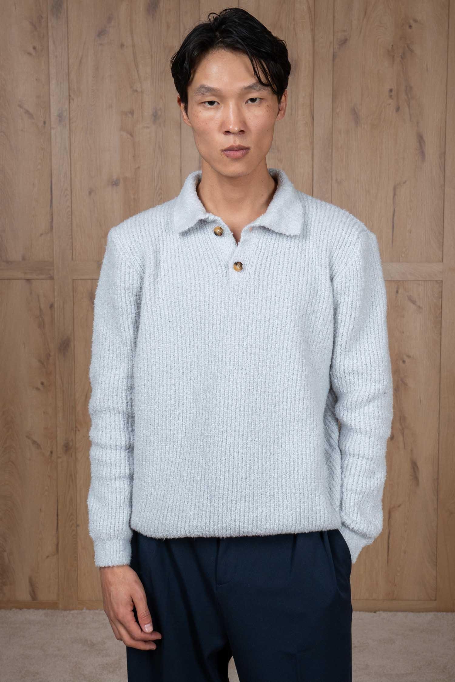 Erkek Relax Fit Düğmeli Dokulu Kazak Açık Gri