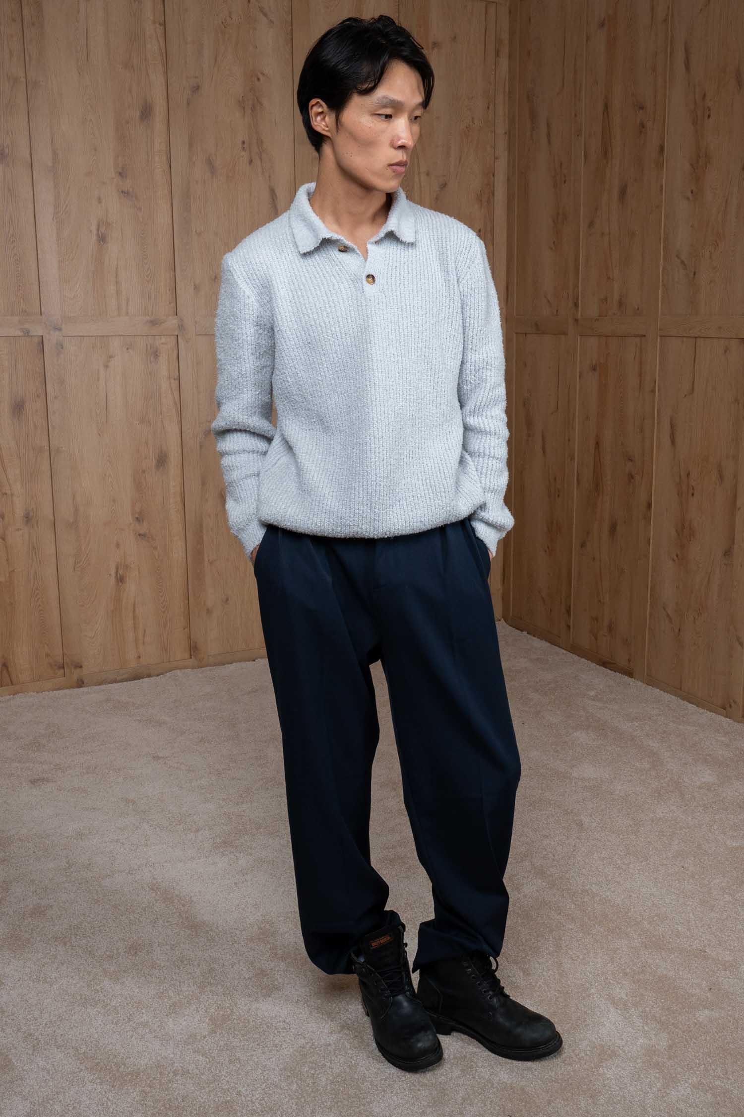 Erkek Relax Fit Düğmeli Dokulu Kazak Açık Gri