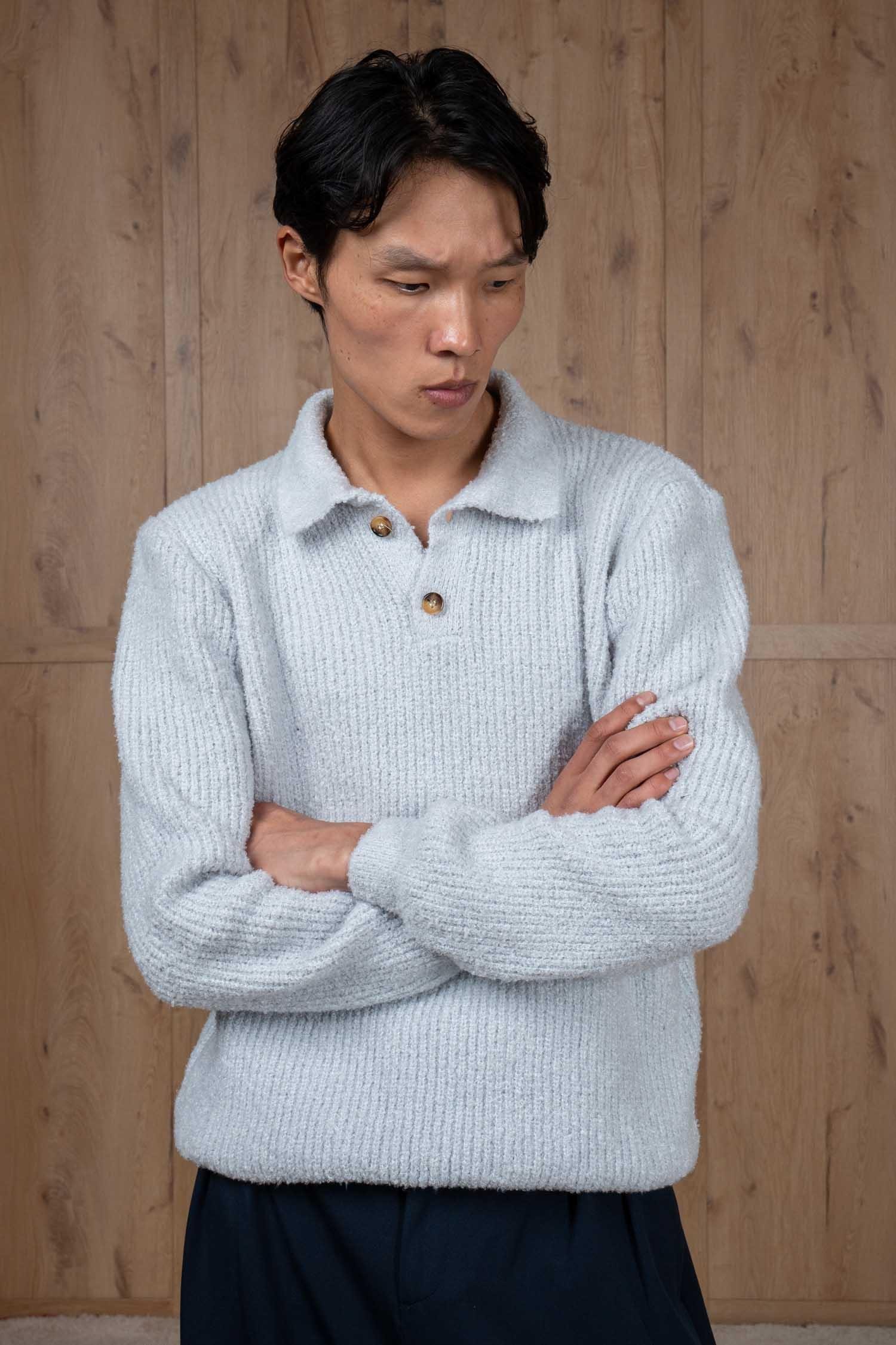 Erkek Relax Fit Düğmeli Dokulu Kazak Açık Gri