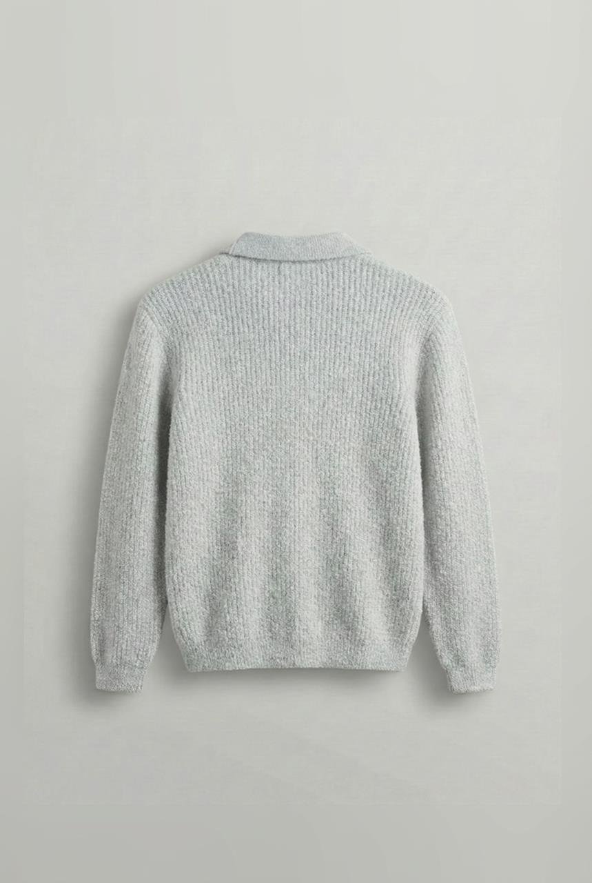 Erkek Relax Fit Düğmeli Dokulu Kazak Açık Gri