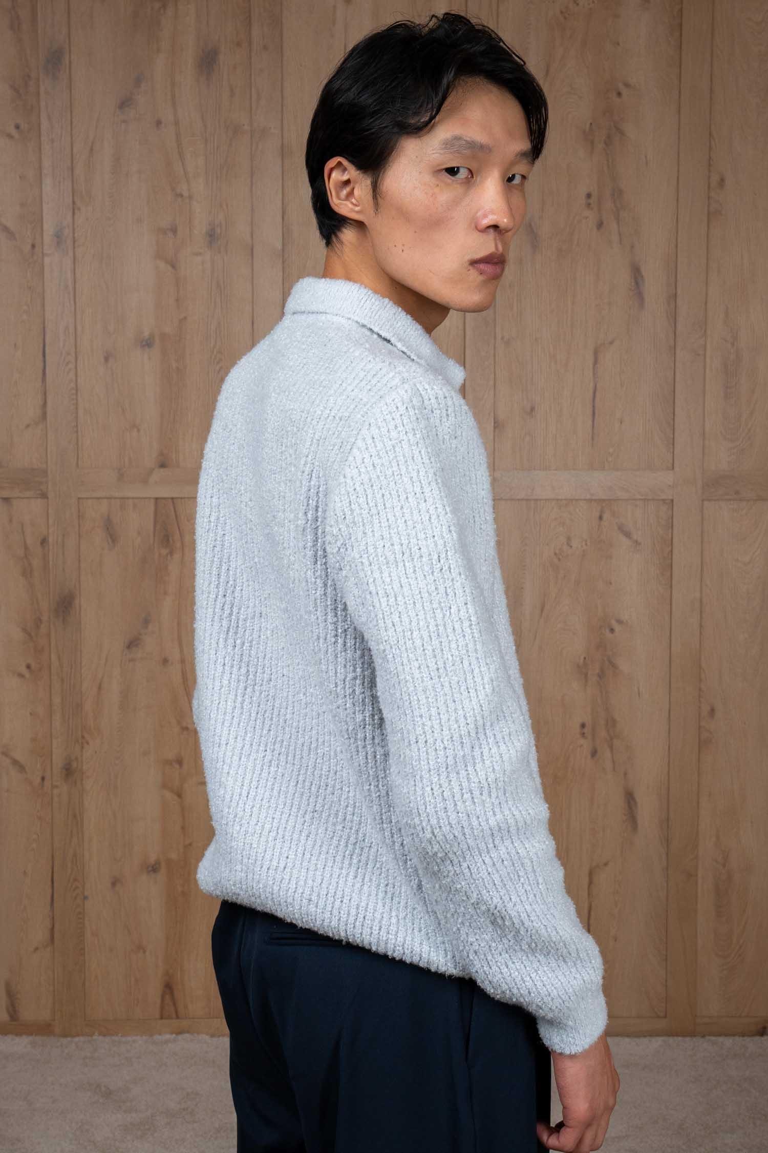 Erkek Relax Fit Düğmeli Dokulu Kazak Açık Gri