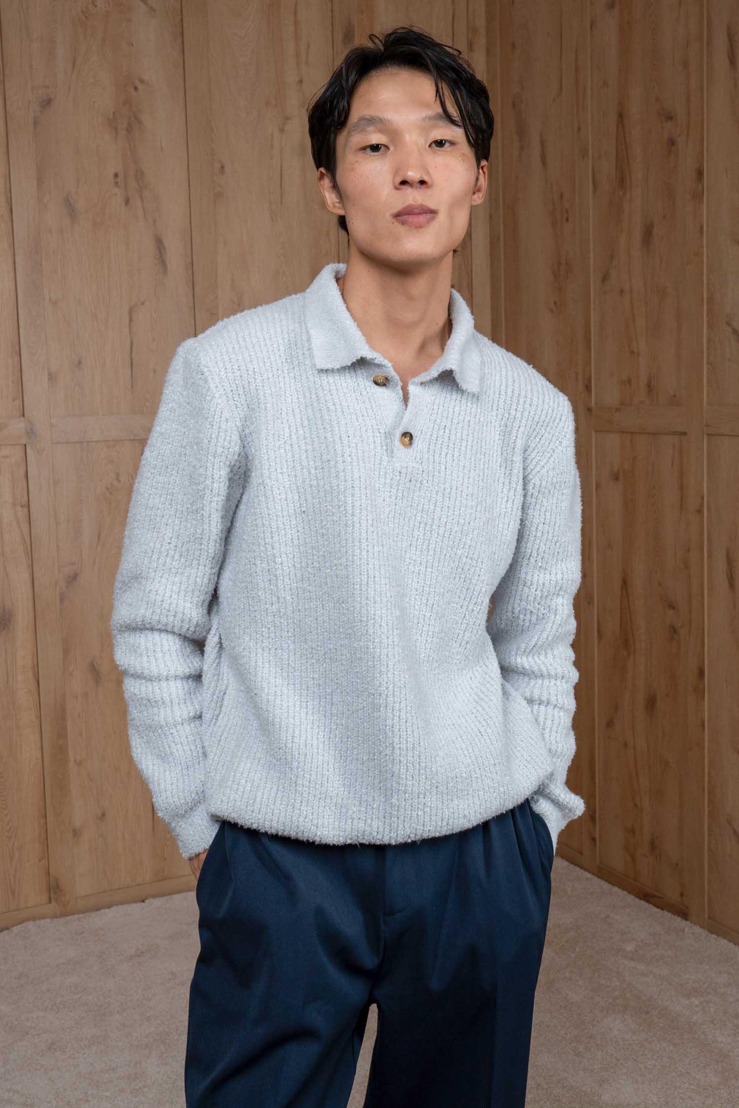 Erkek Relax Fit Düğmeli Dokulu Kazak Açık Gri