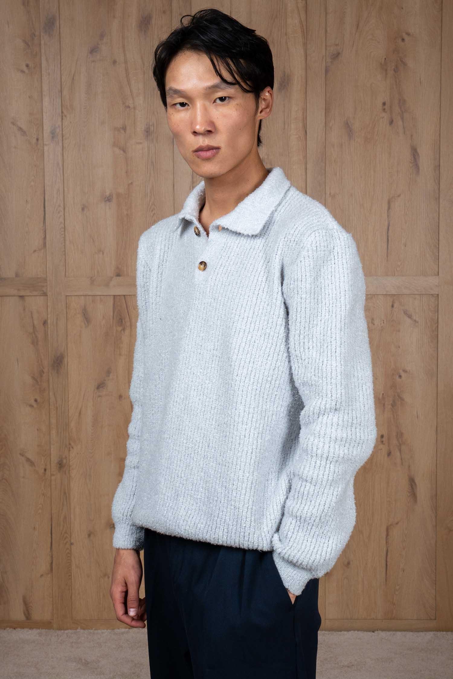 Erkek Relax Fit Düğmeli Dokulu Kazak Açık Gri