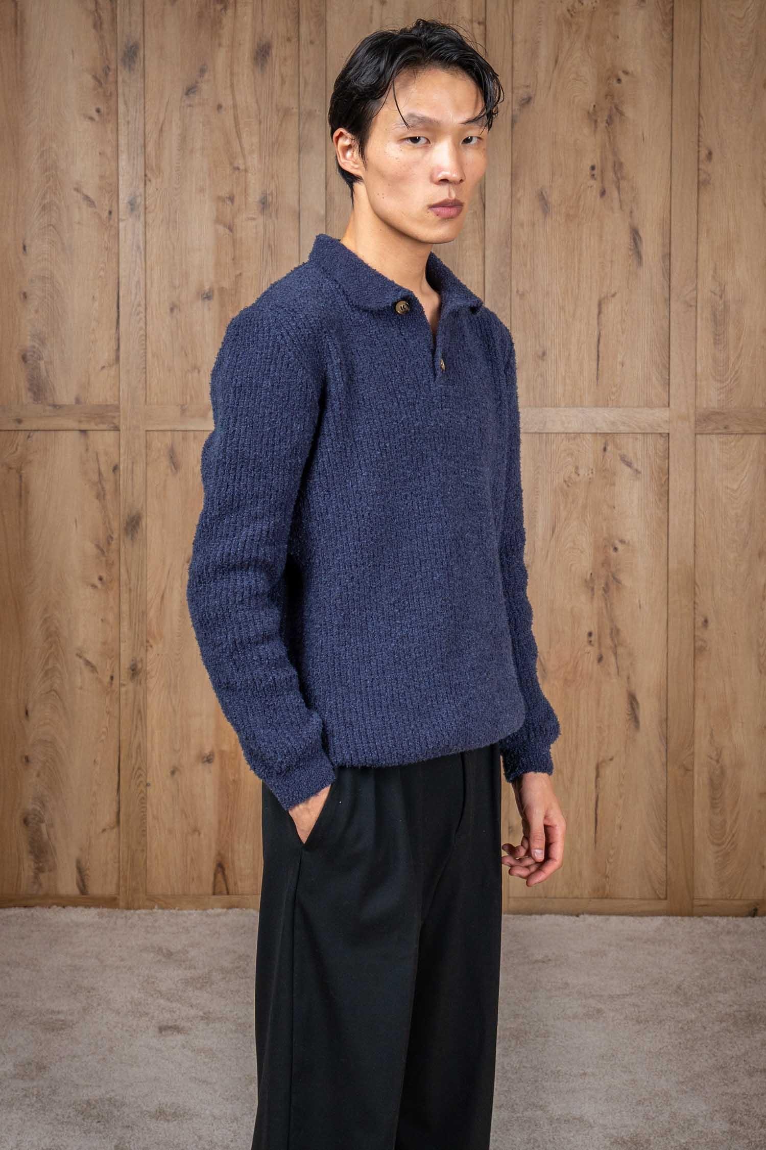 Erkek Relax Fit Düğmeli Dokulu Kazak Lacivert