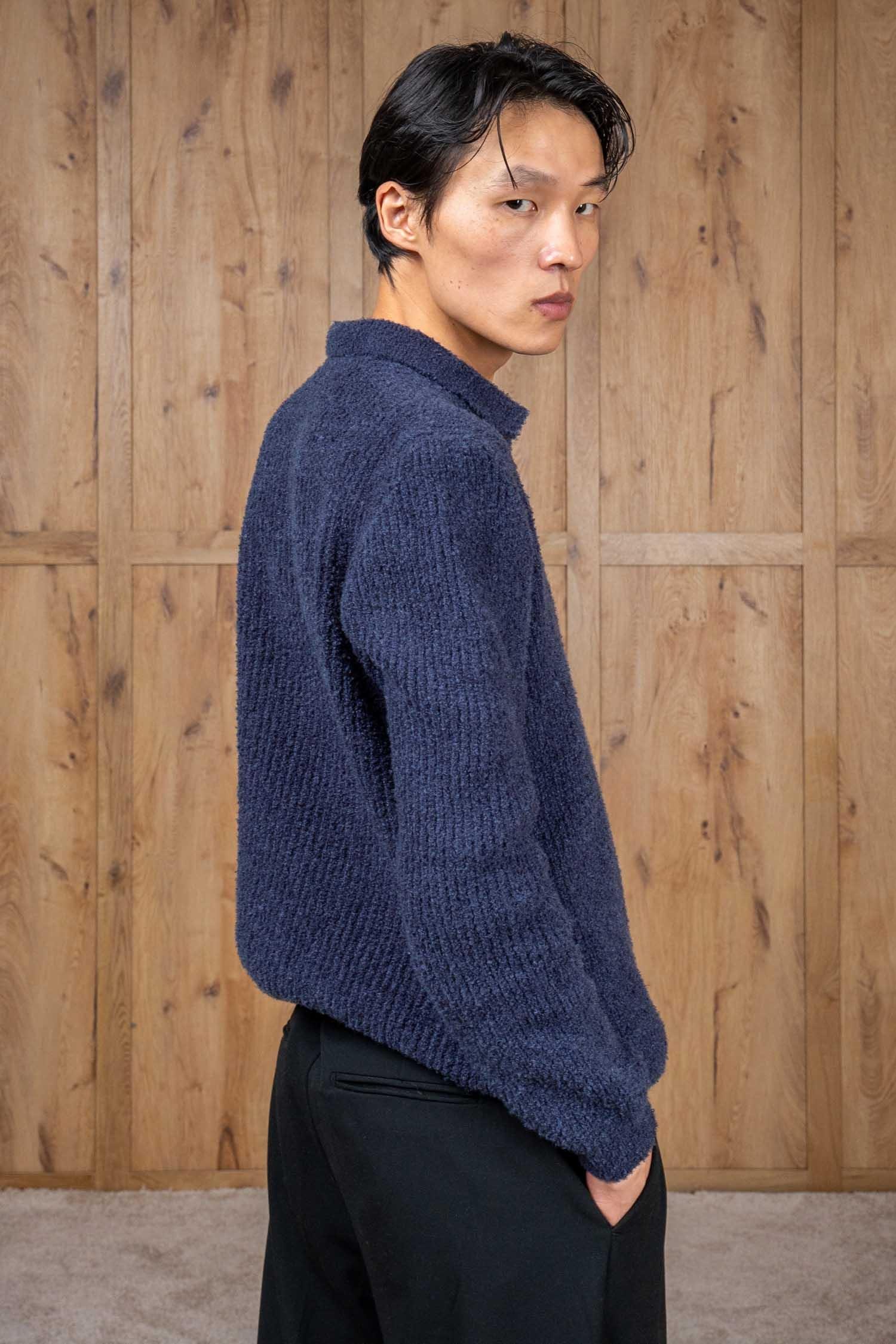 Erkek Relax Fit Düğmeli Dokulu Kazak Lacivert