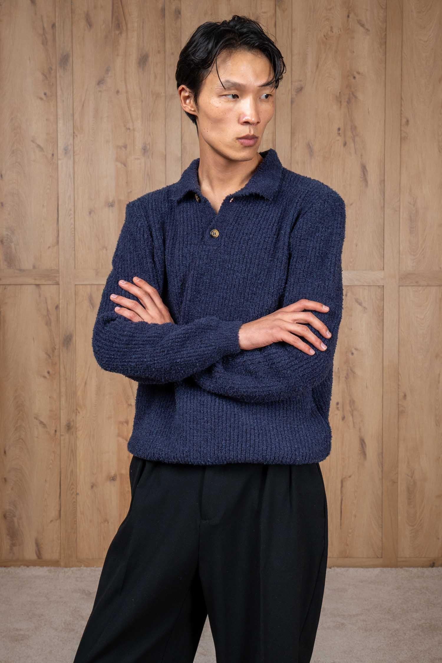 Erkek Relax Fit Düğmeli Dokulu Kazak Lacivert