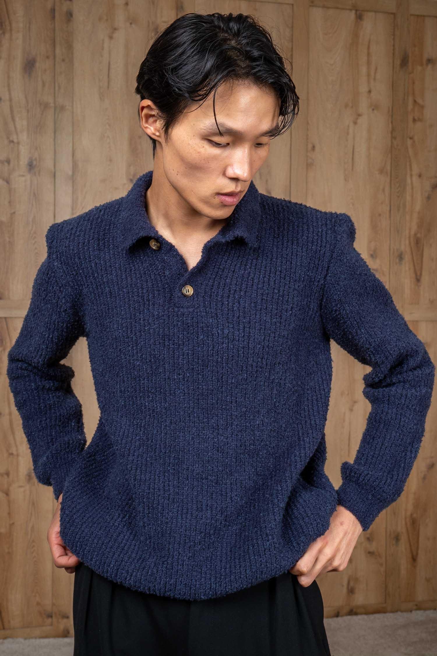 Erkek Relax Fit Düğmeli Dokulu Kazak Lacivert