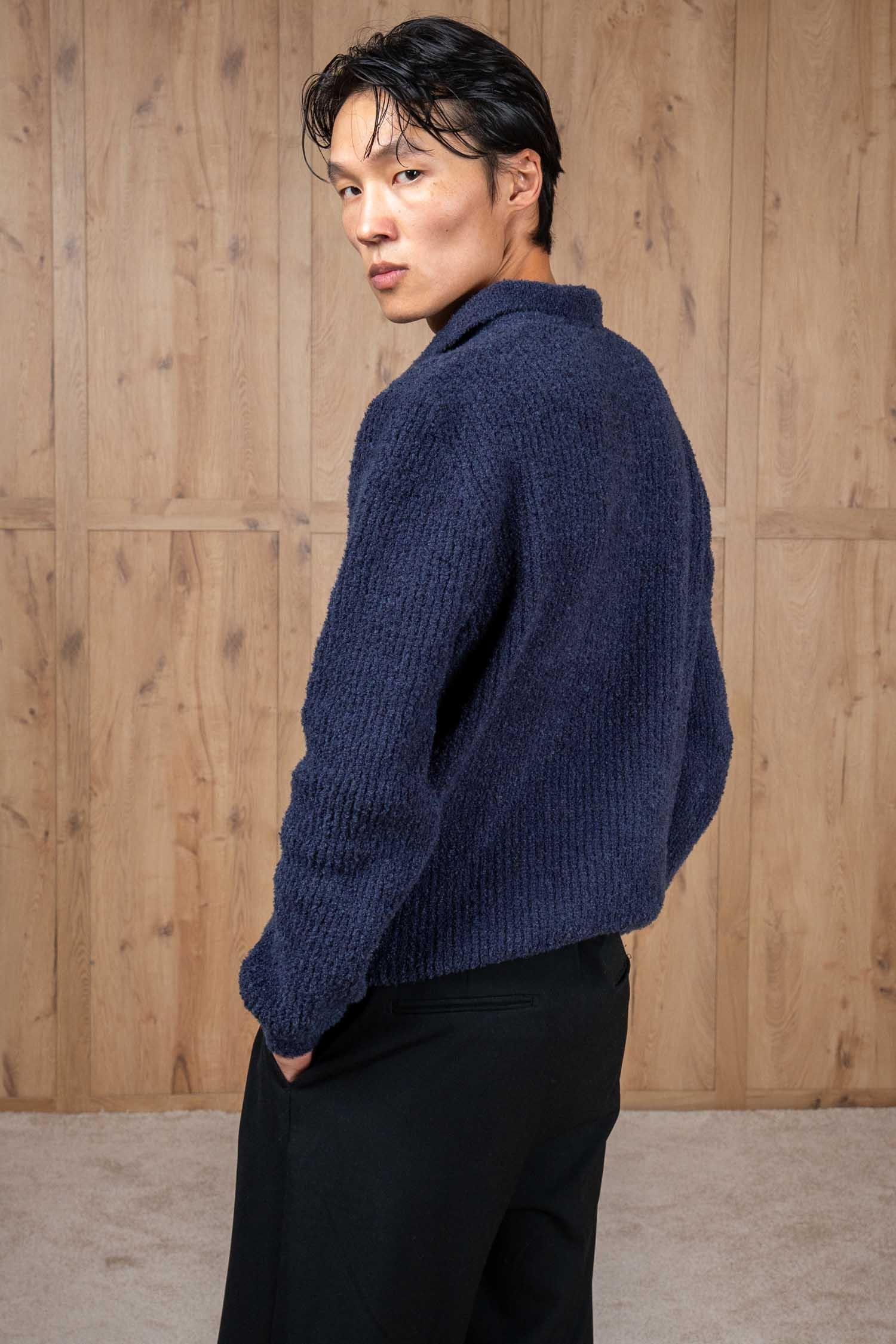 Erkek Relax Fit Düğmeli Dokulu Kazak Lacivert