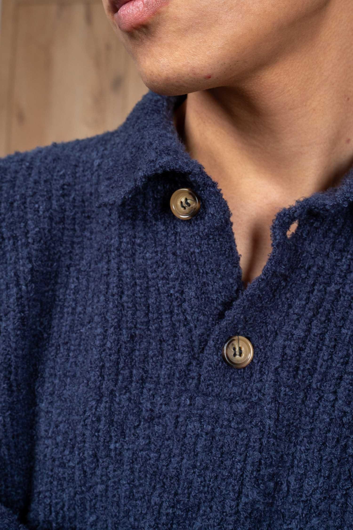 Erkek Relax Fit Düğmeli Dokulu Kazak Lacivert