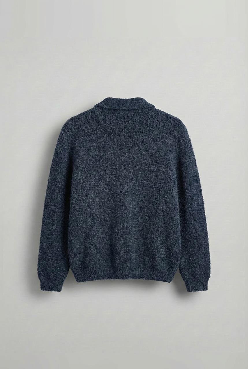 Erkek Relax Fit Düğmeli Dokulu Kazak Lacivert