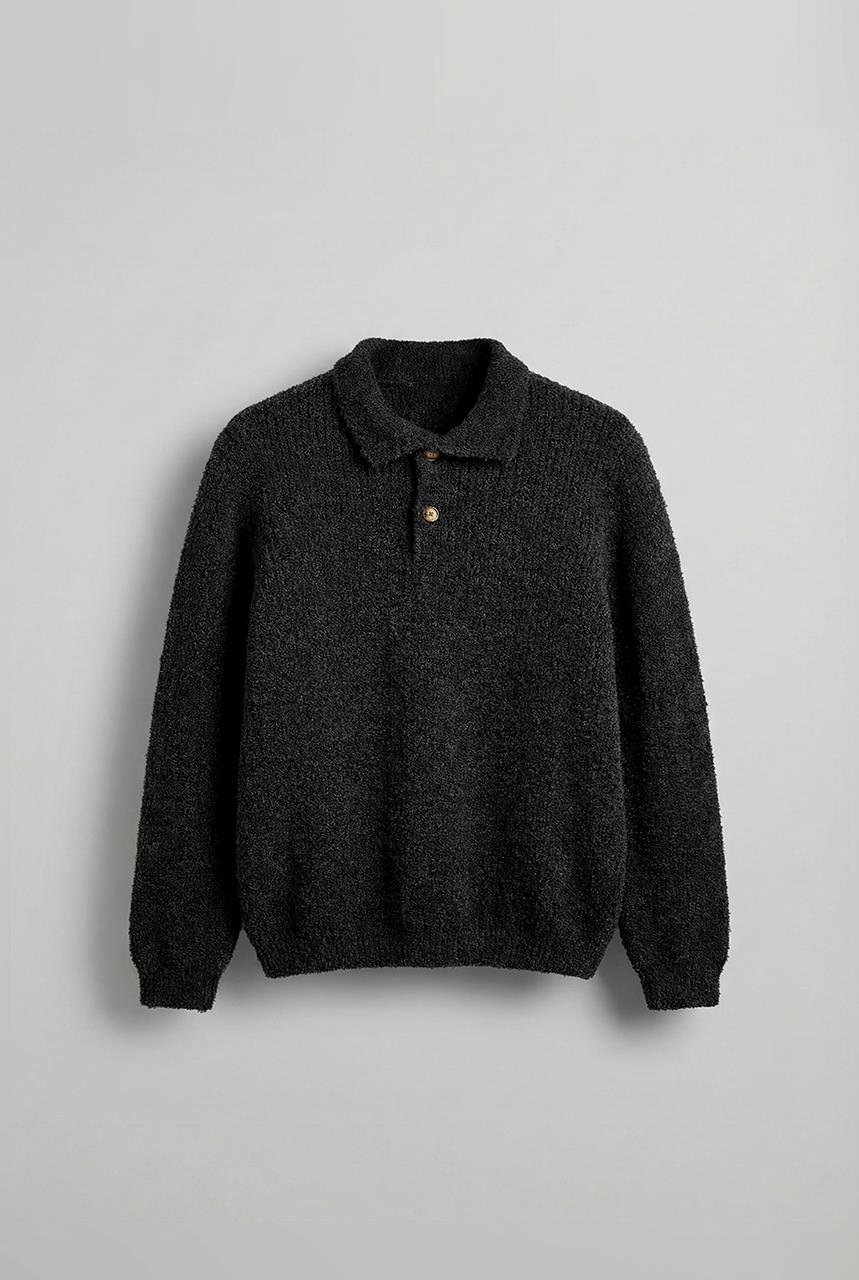 Erkek Relax Fit Düğmeli Dokulu Kazak Siyah