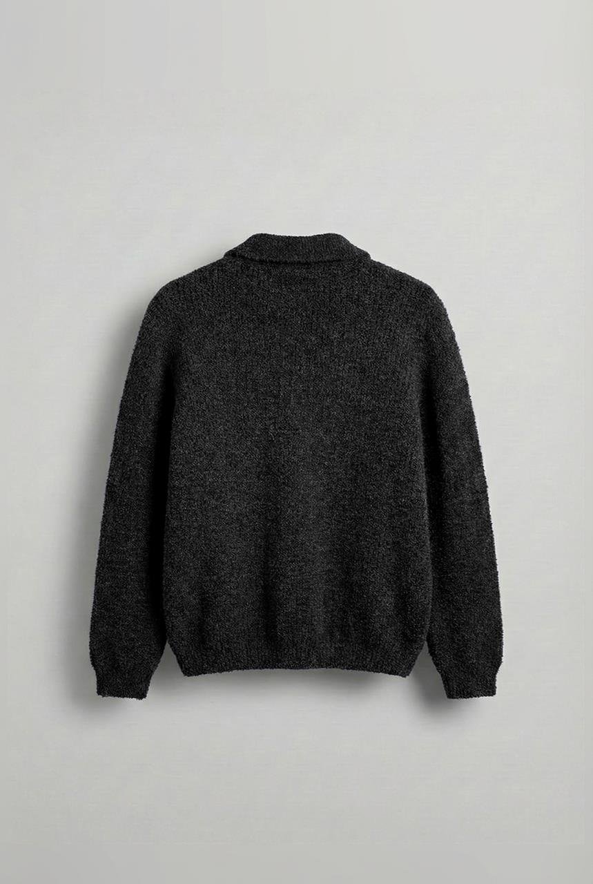 Erkek Relax Fit Düğmeli Dokulu Kazak Siyah