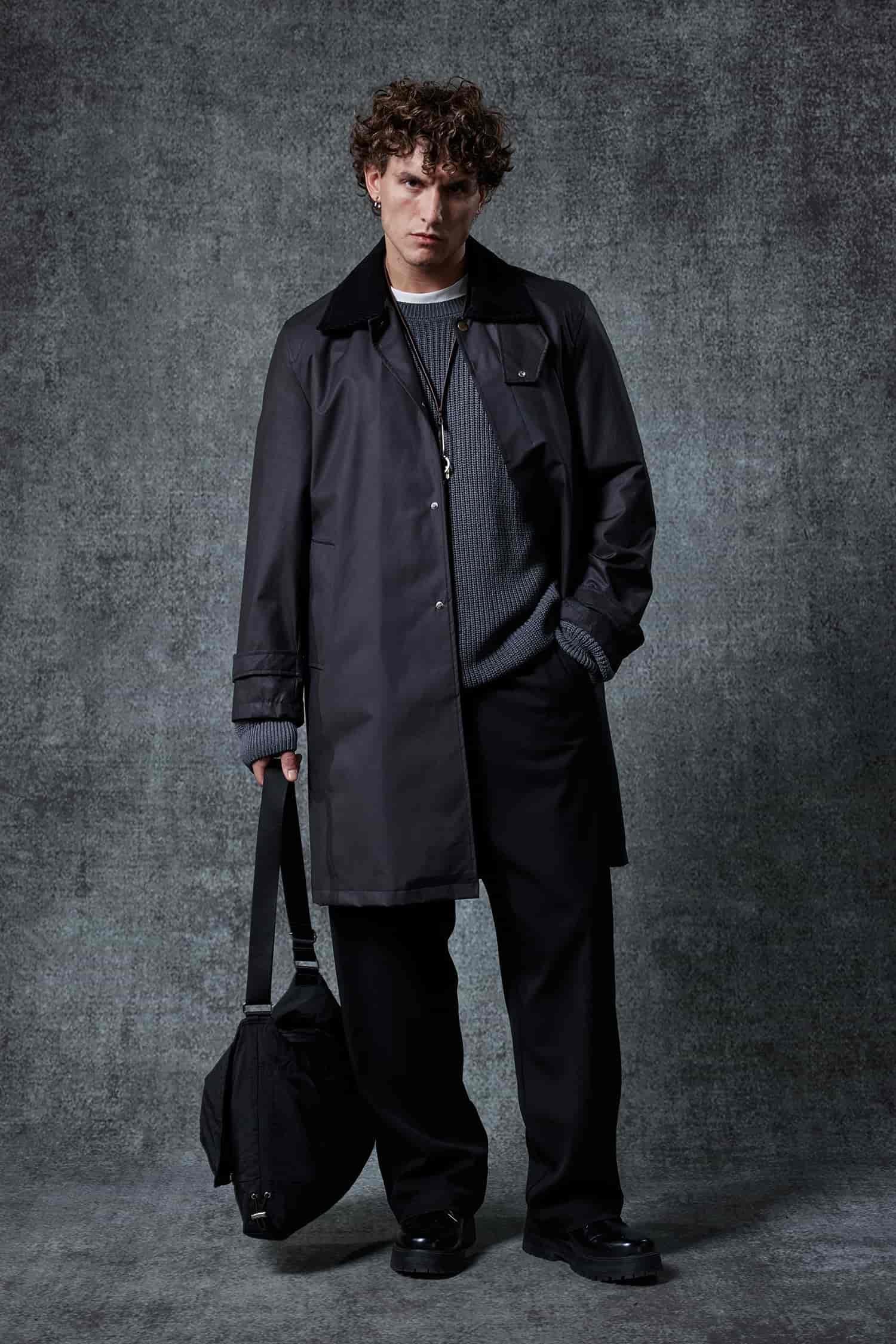 Erkek Relax Fit Kadife Yaka Detaylı Uzun Trençkot Siyah