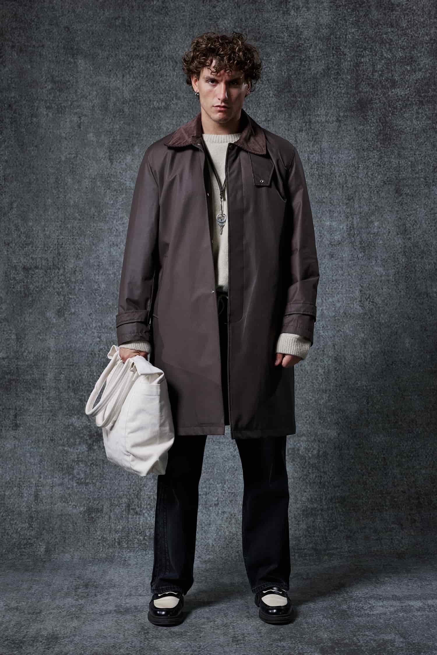 Erkek Relax Fit Kadife Yaka Detaylı Uzun Trençkot Haki Yeşil