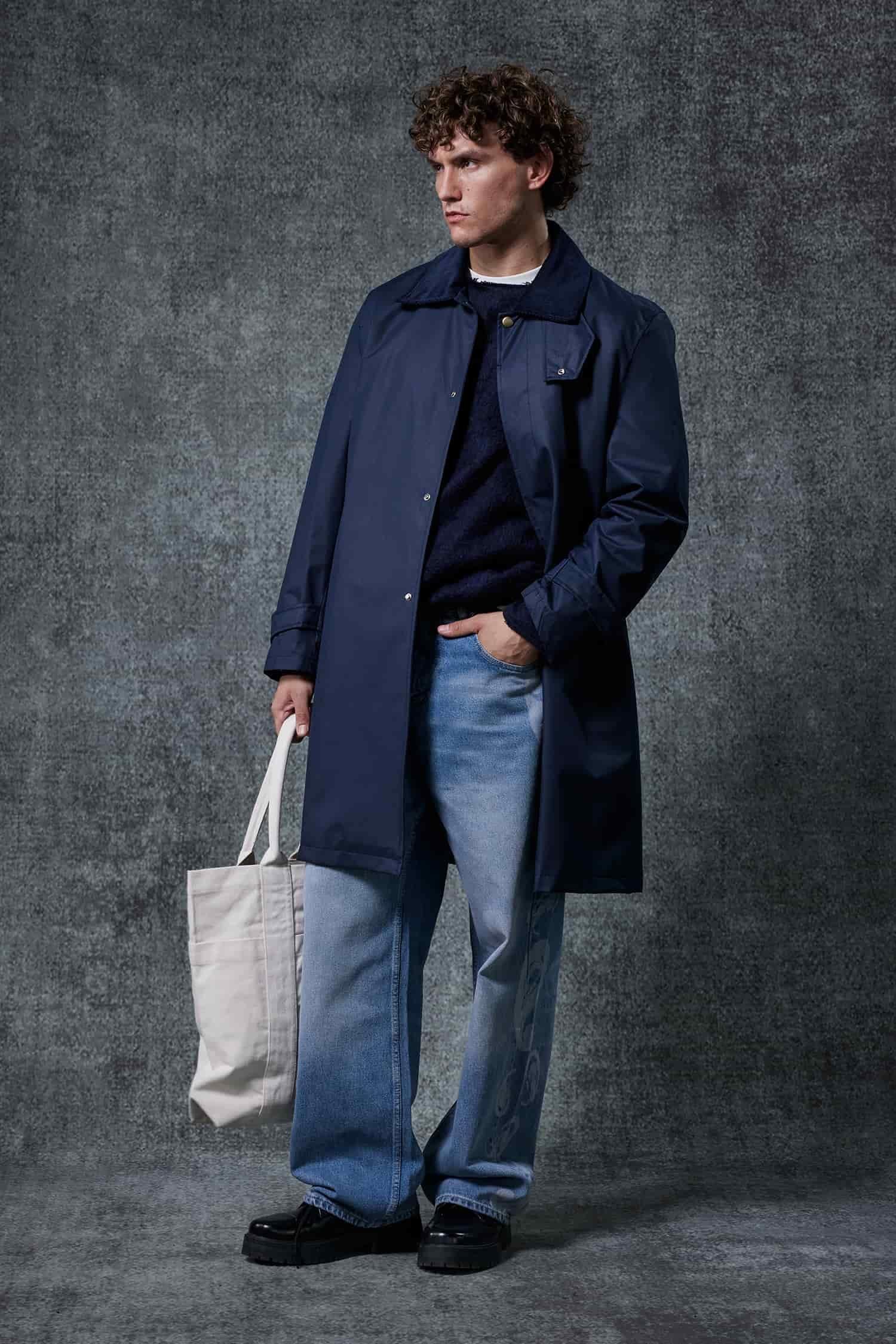 Erkek Relax Fit Kadife Yaka Detaylı Uzun Trençkot Lacivert