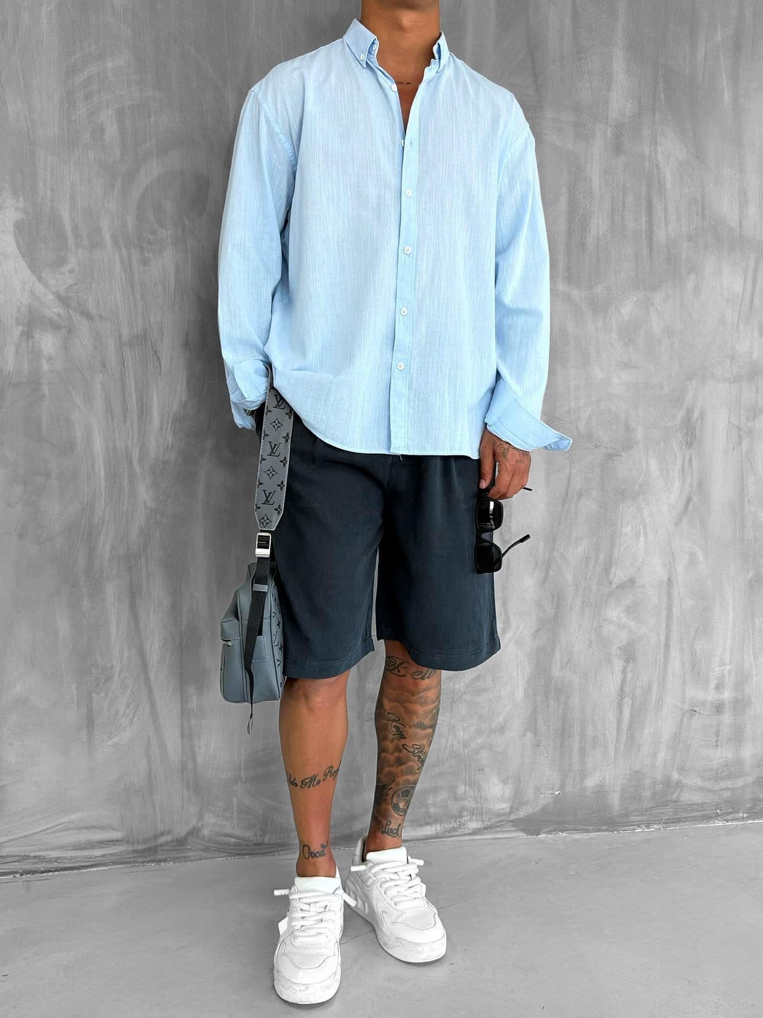 Erkek Relax Fit Rahat Kesim İnce Gömlek Açık Mavi