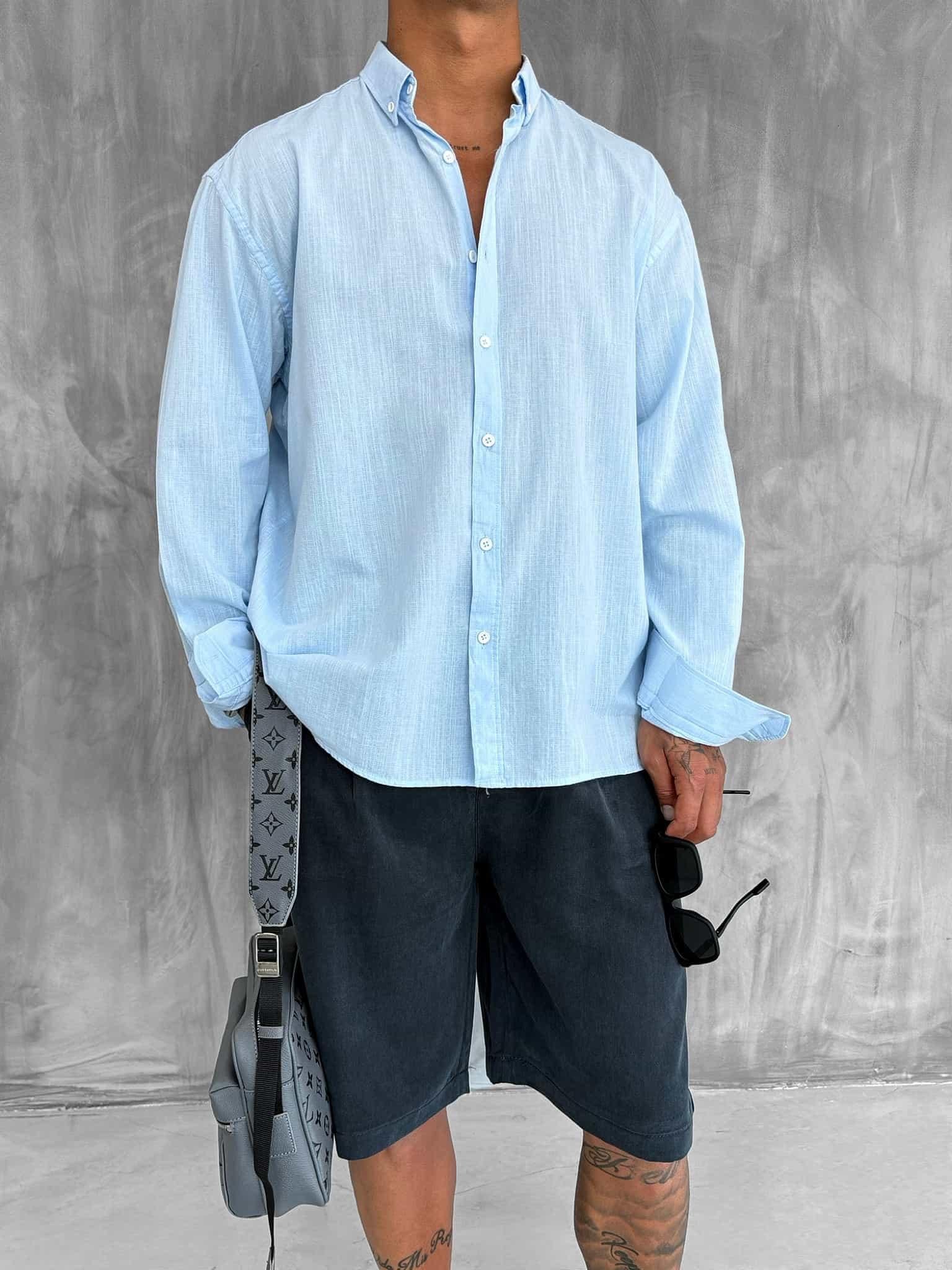 Erkek Relax Fit Rahat Kesim İnce Gömlek Açık Mavi