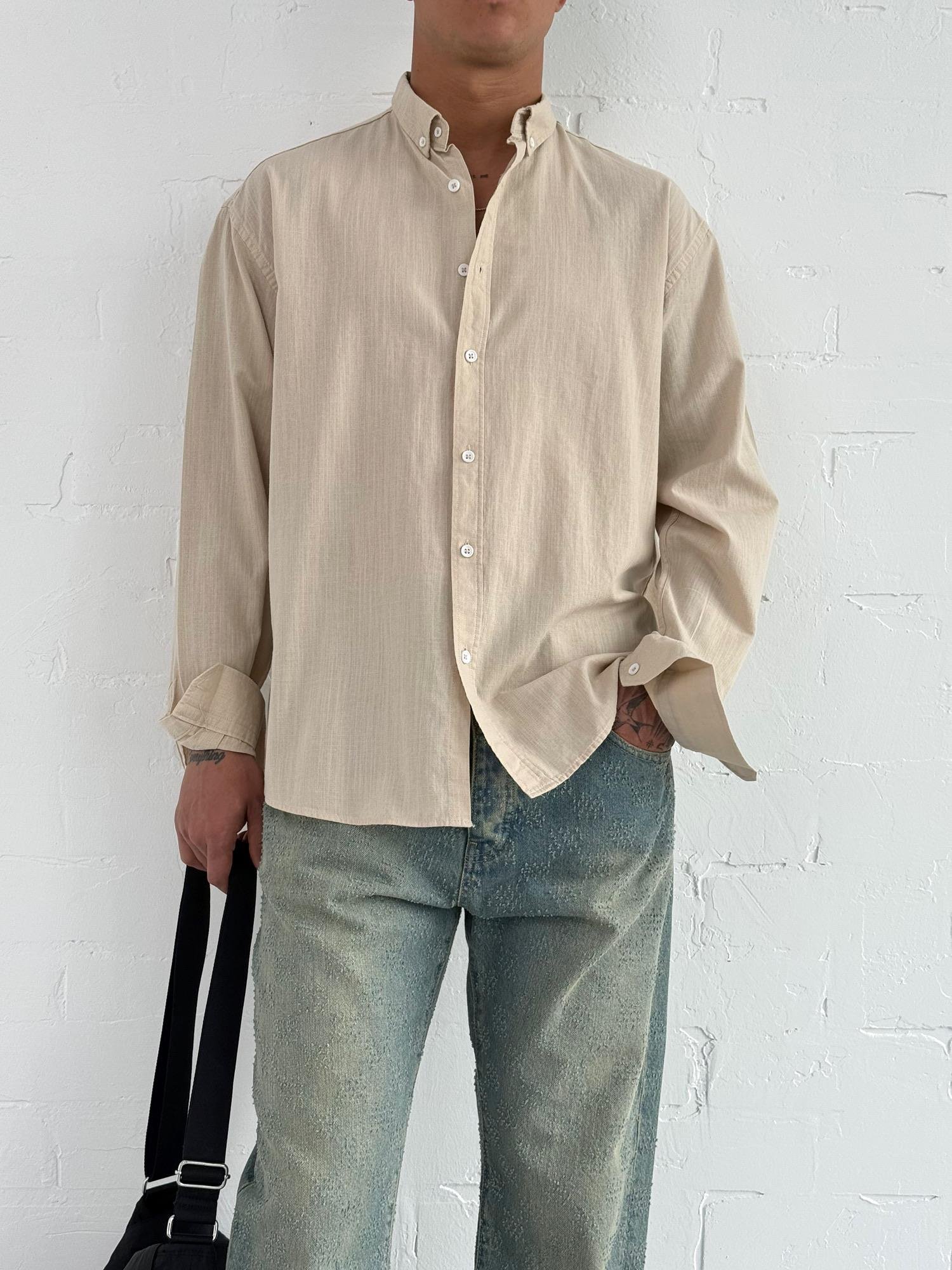 Erkek Relax Fit Rahat Kesim İnce Gömlek Bej
