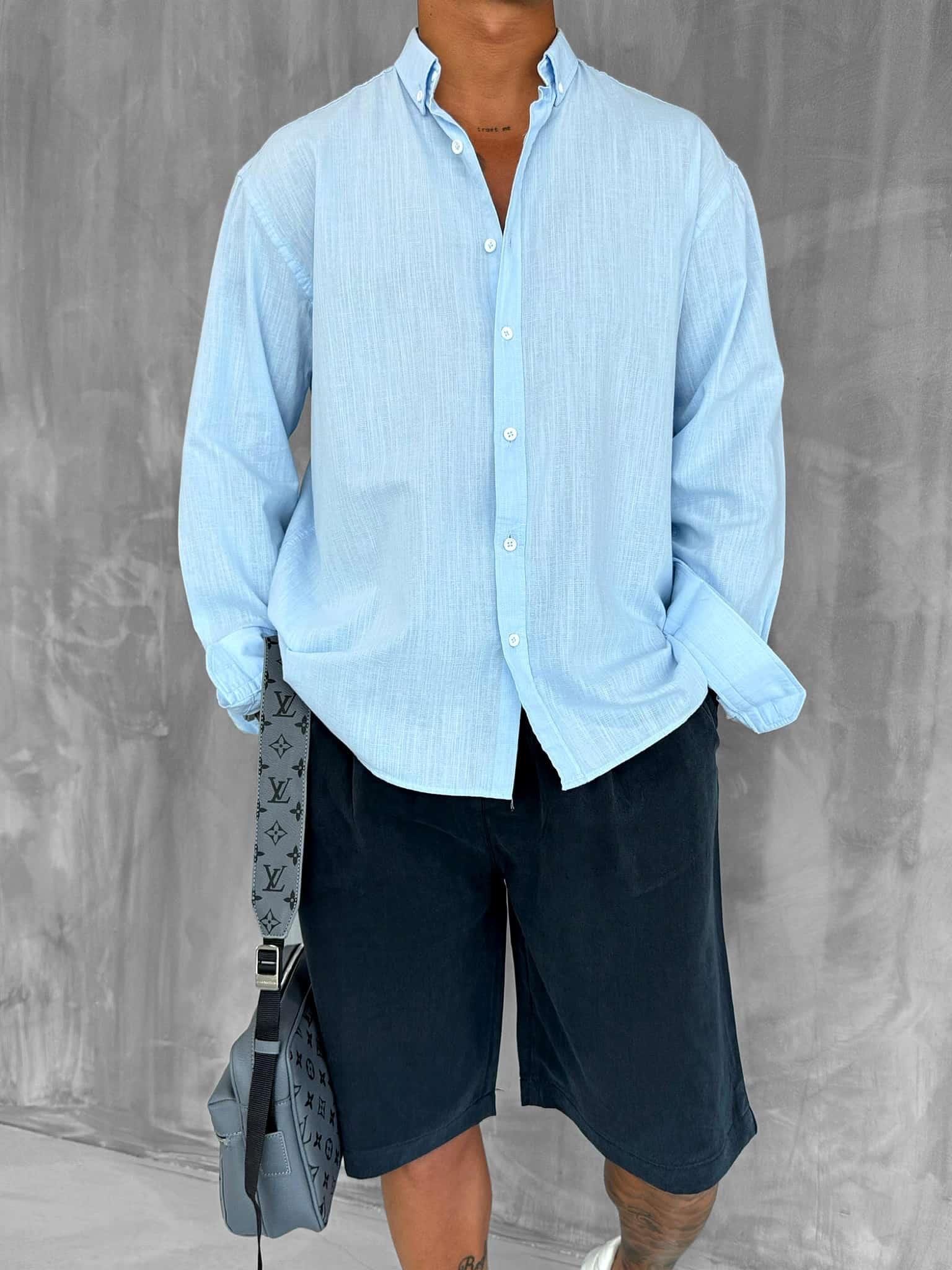 Erkek Relax Fit Rahat Kesim İnce Gömlek Açık Mavi