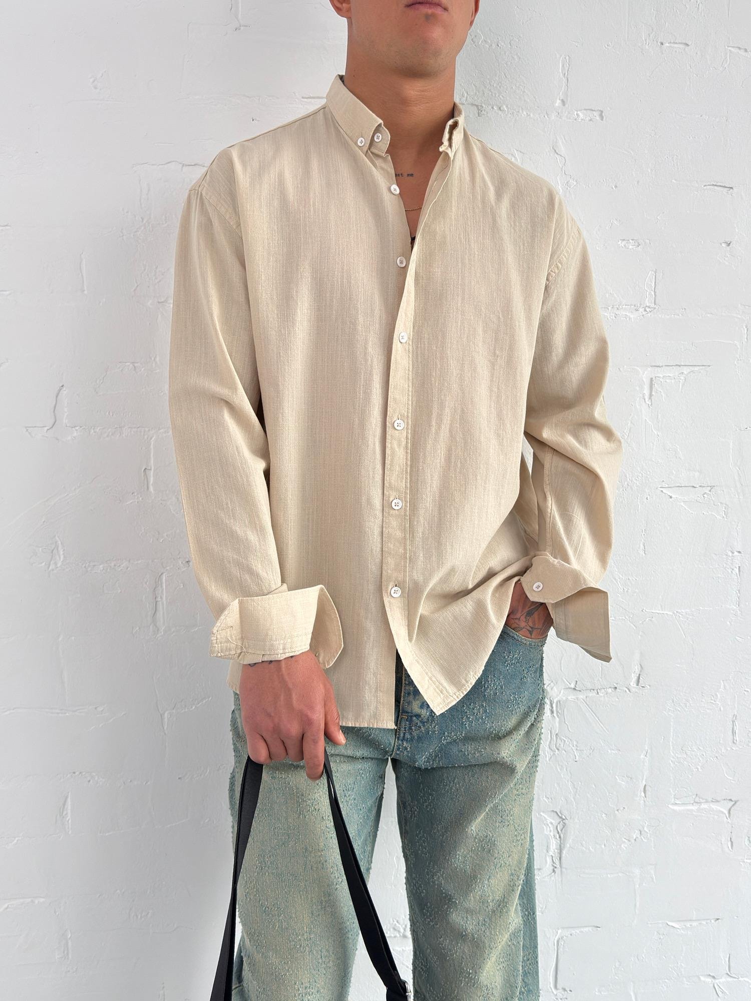 Erkek Relax Fit Rahat Kesim İnce Gömlek Bej