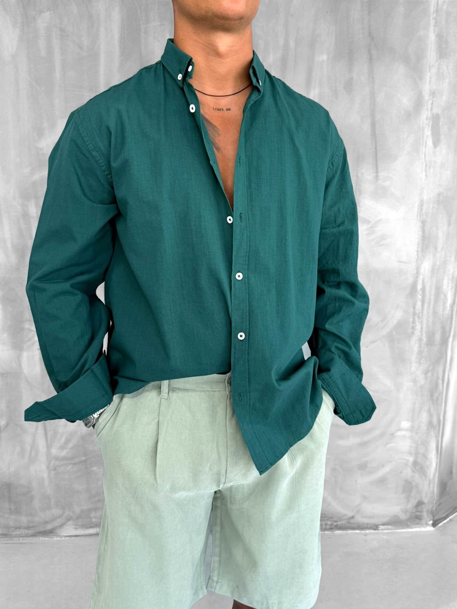 Erkek Relax Fit Rahat Kesim İnce Gömlek Koyu Yeşil