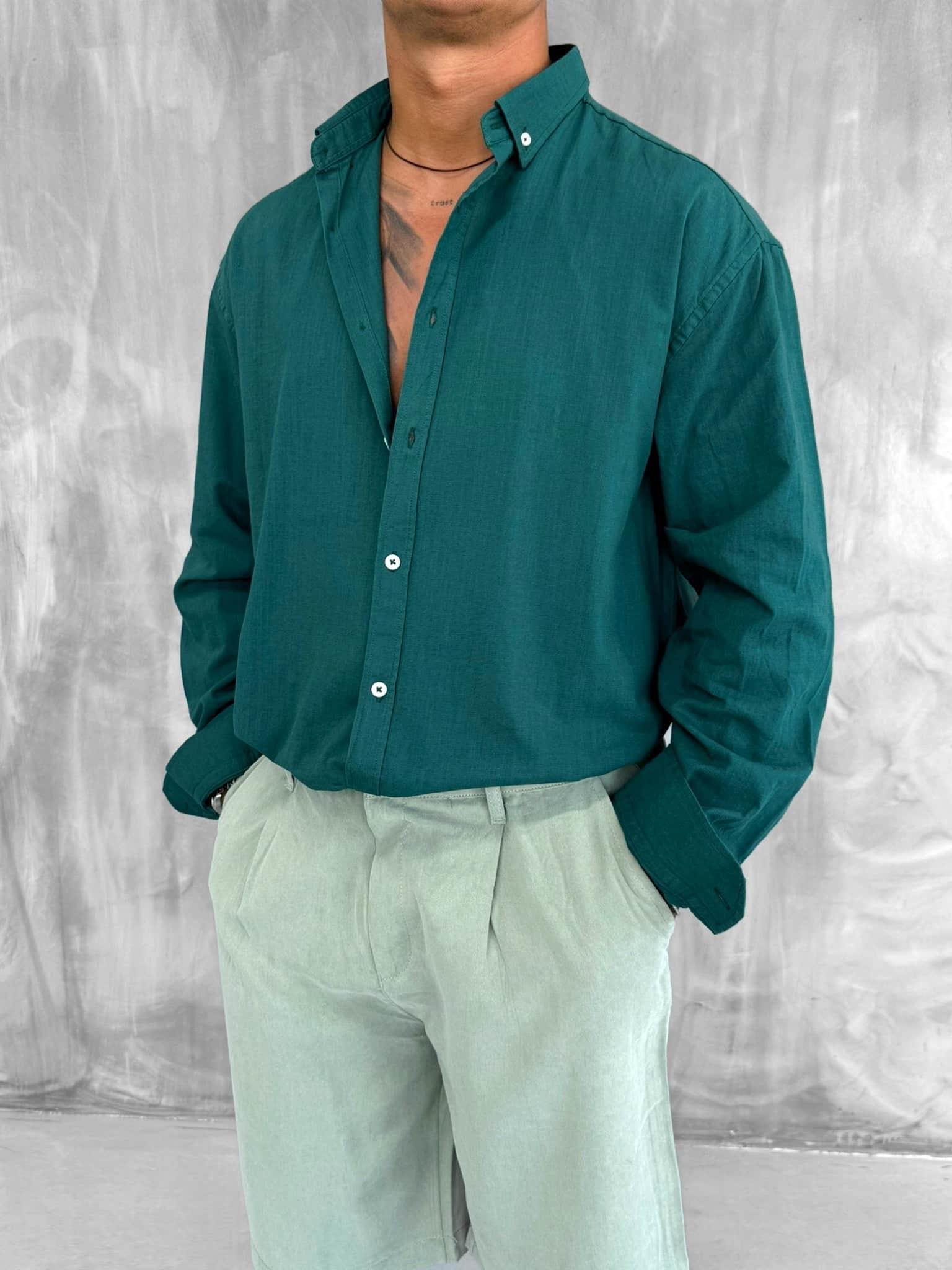 Erkek Relax Fit Rahat Kesim İnce Gömlek Koyu Yeşil