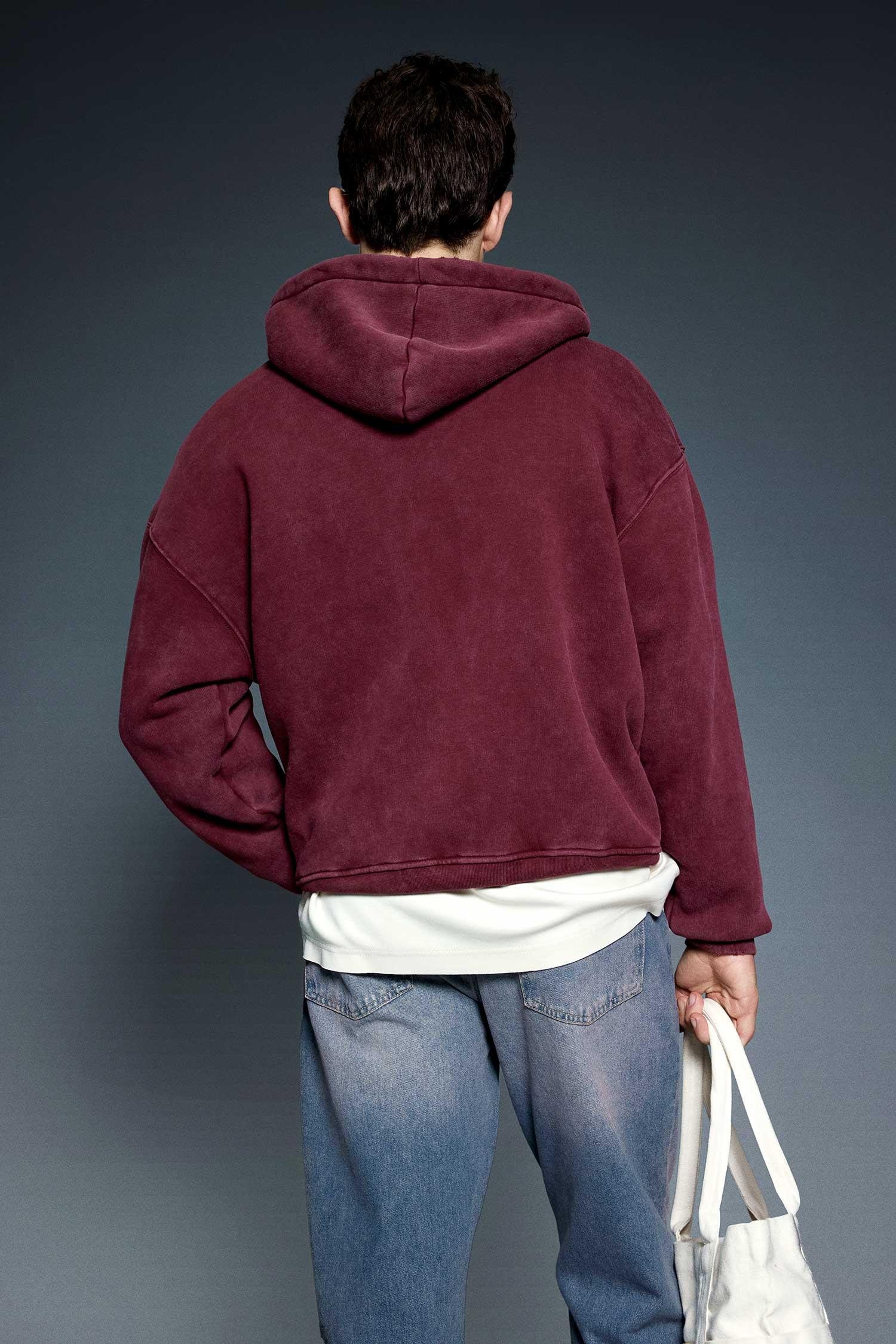Erkek Relax Fit Yıkamalı Kapüşonlu Sweatshirt Bordo