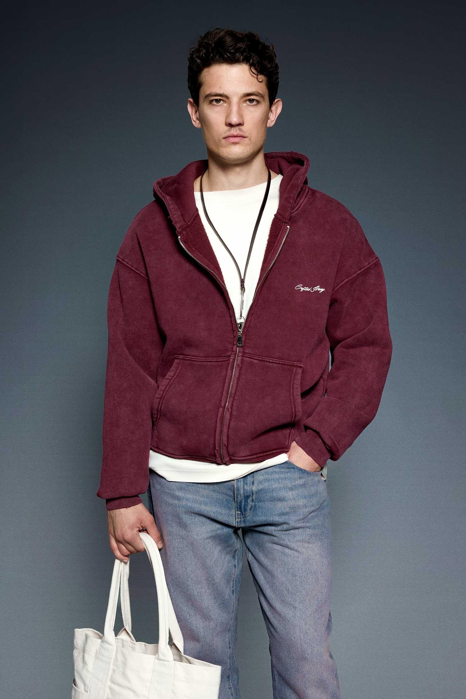 Erkek Relax Fit Yıkamalı Kapüşonlu Sweatshirt Bordo