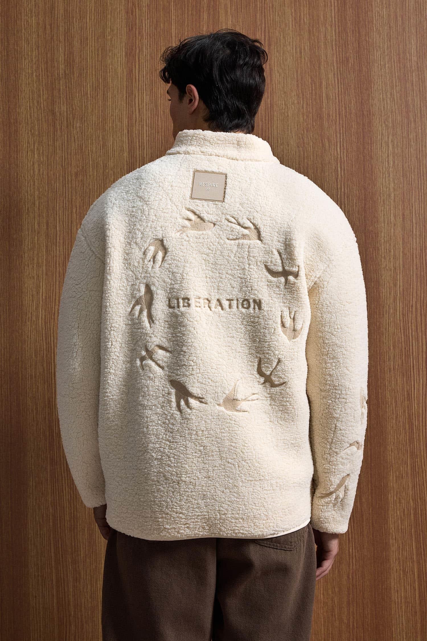 Erkek Relaxed Fit Premium Sherpa Nakış Detaylı Fermuarlı Ceket Bej