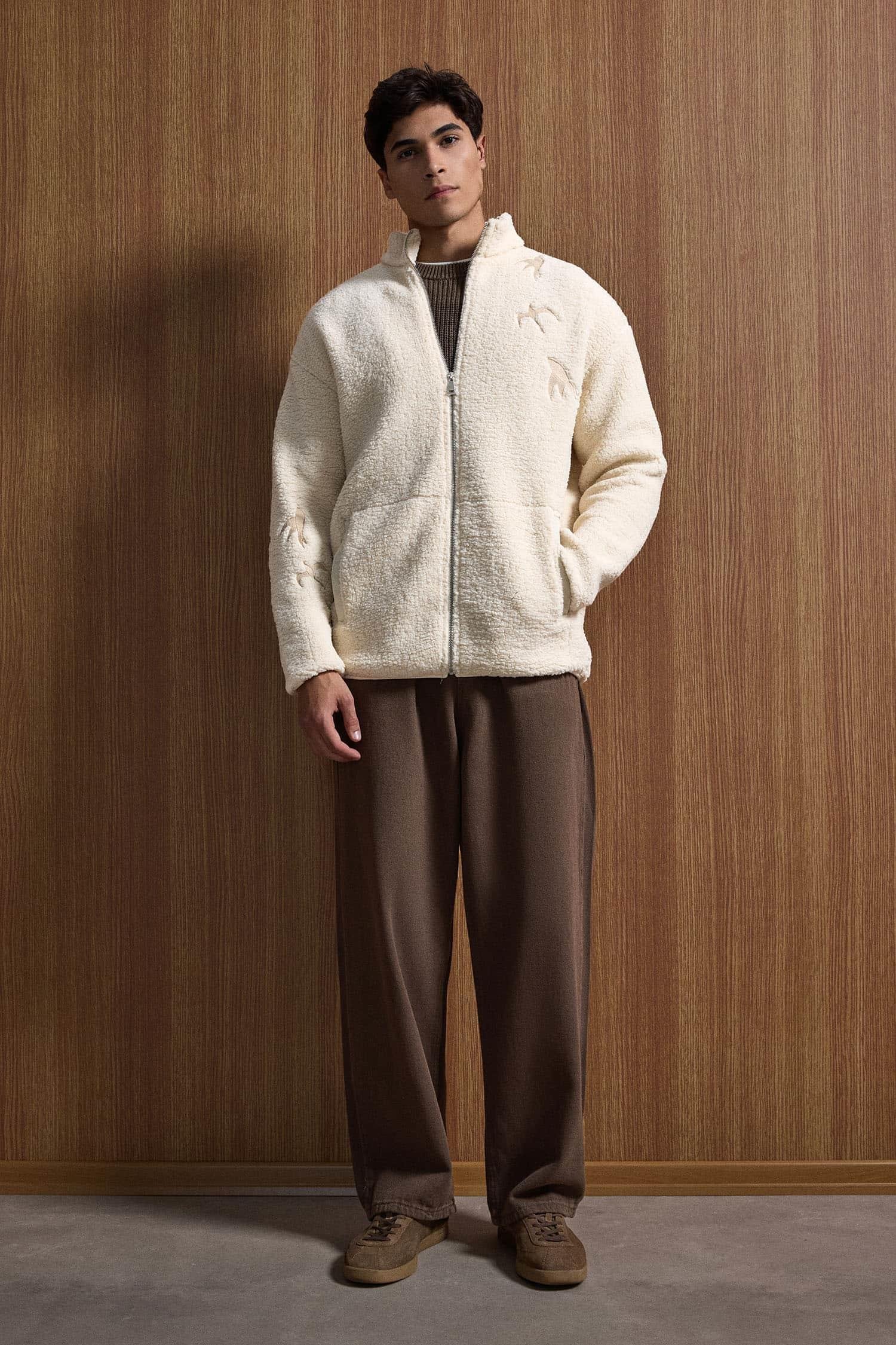 Erkek Relaxed Fit Premium Sherpa Nakış Detaylı Fermuarlı Ceket Bej