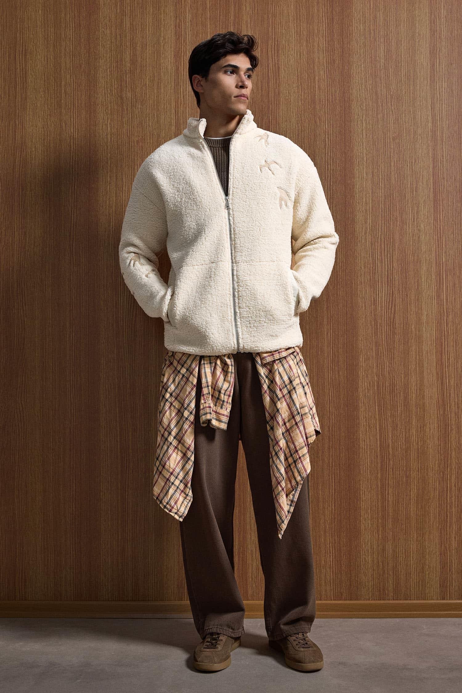 Erkek Relaxed Fit Premium Sherpa Nakış Detaylı Fermuarlı Ceket Bej