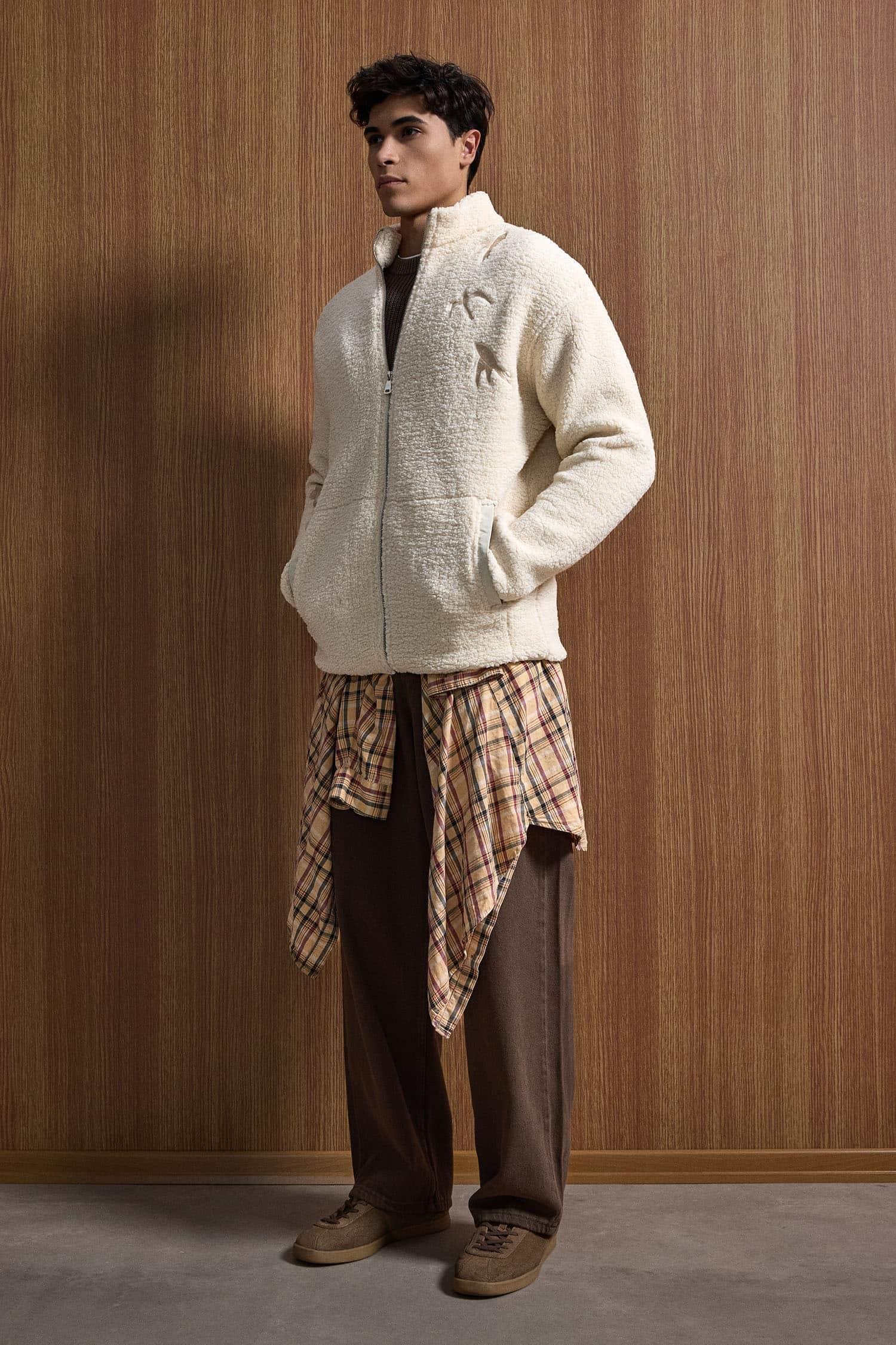 Erkek Relaxed Fit Premium Sherpa Nakış Detaylı Fermuarlı Ceket Bej