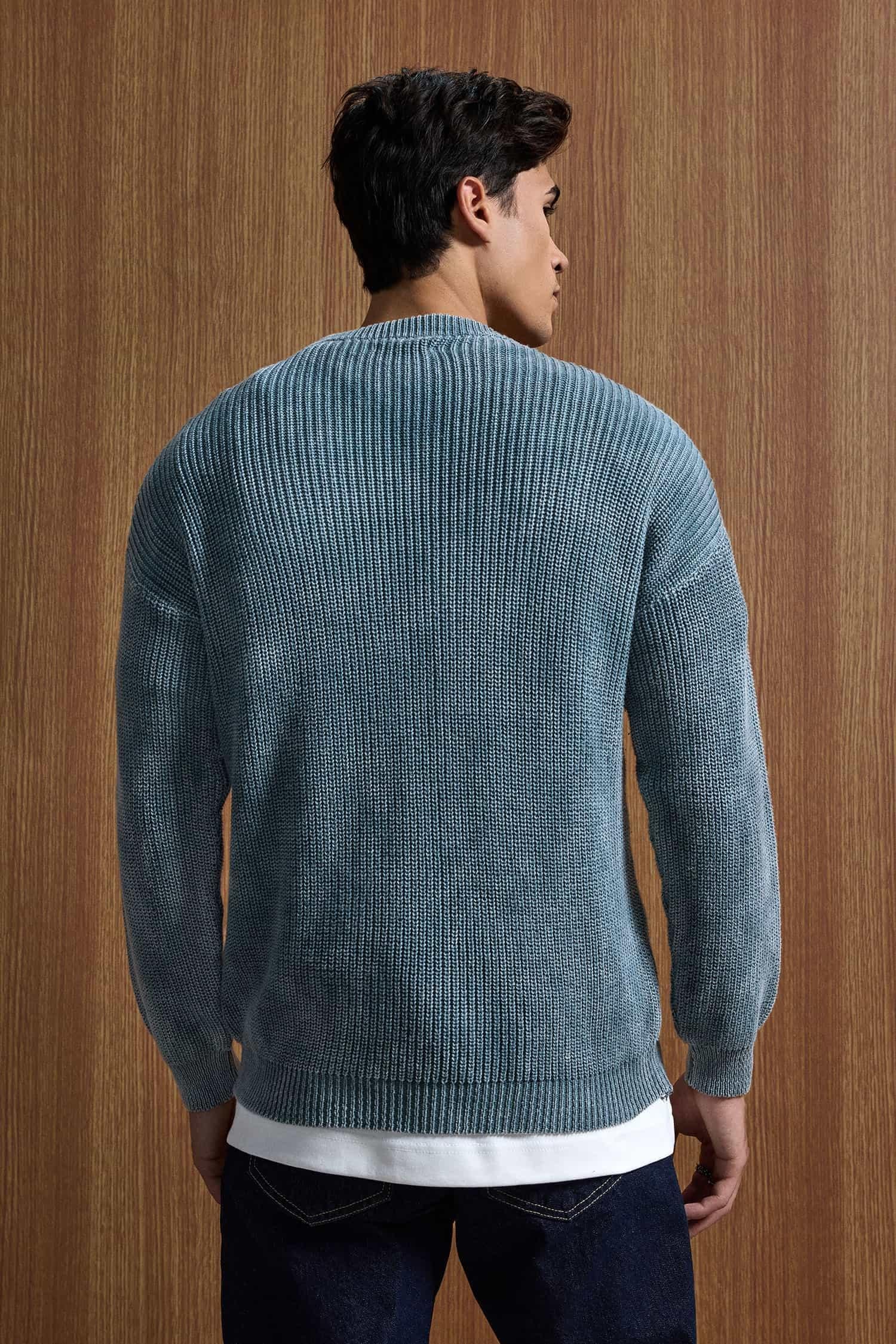 Erkek Relaxed Fit Yıkamalı Örme Kazak %100 Pamuk Gri