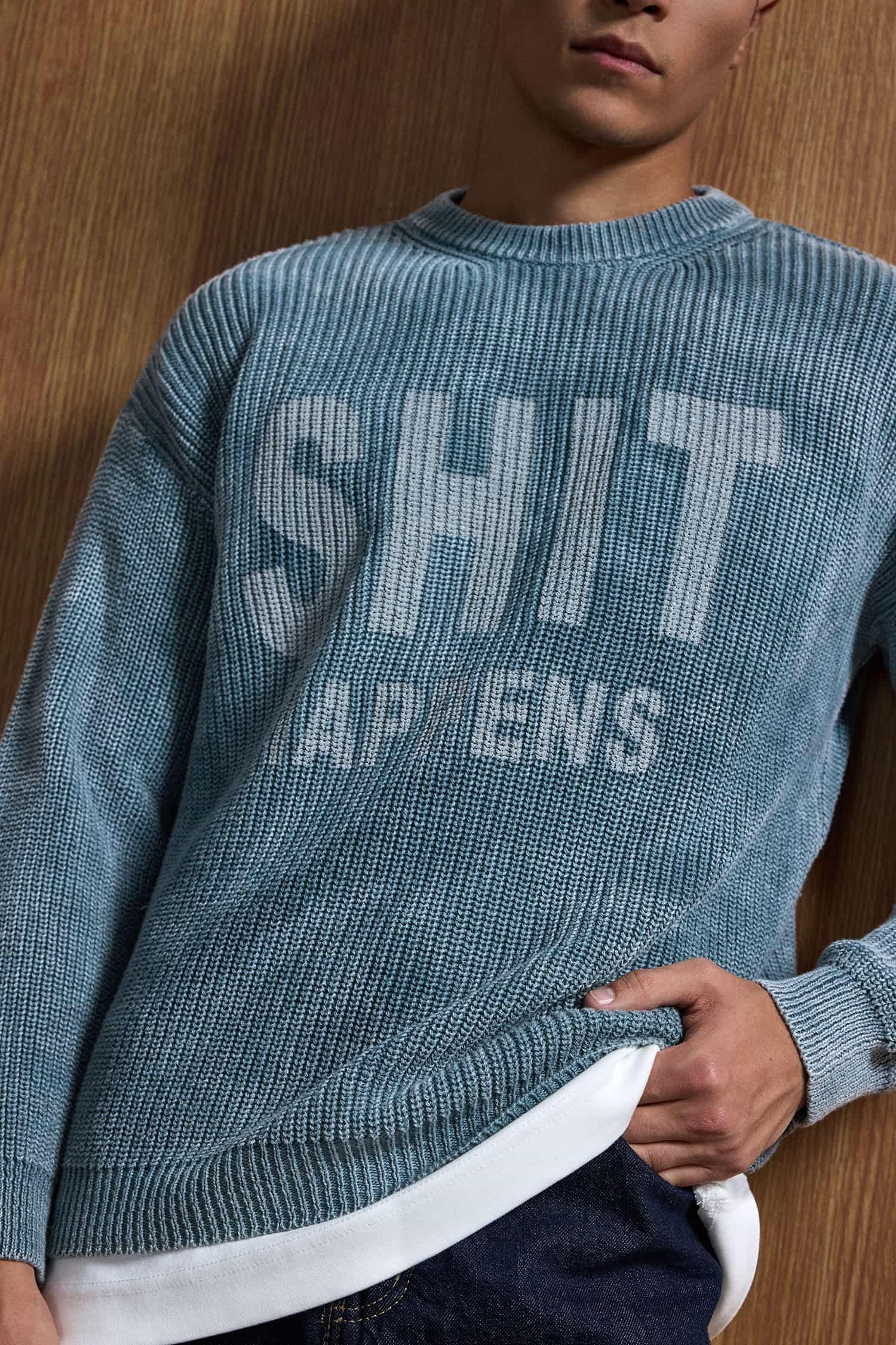 Erkek Relaxed Fit Yıkamalı Örme Kazak %100 Pamuk Gri