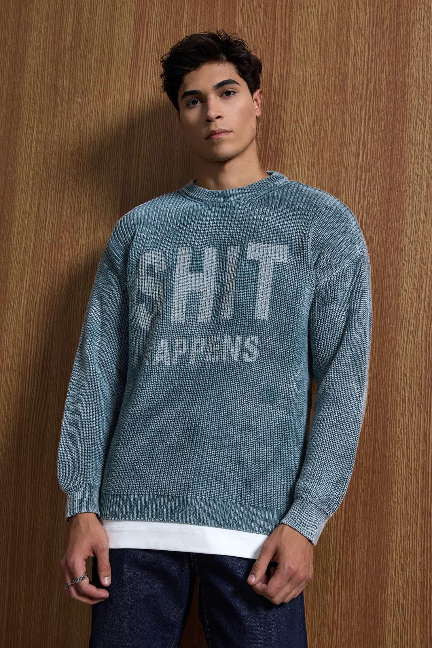 Erkek Relaxed Fit Yıkamalı Örme Kazak %100 Pamuk Gri