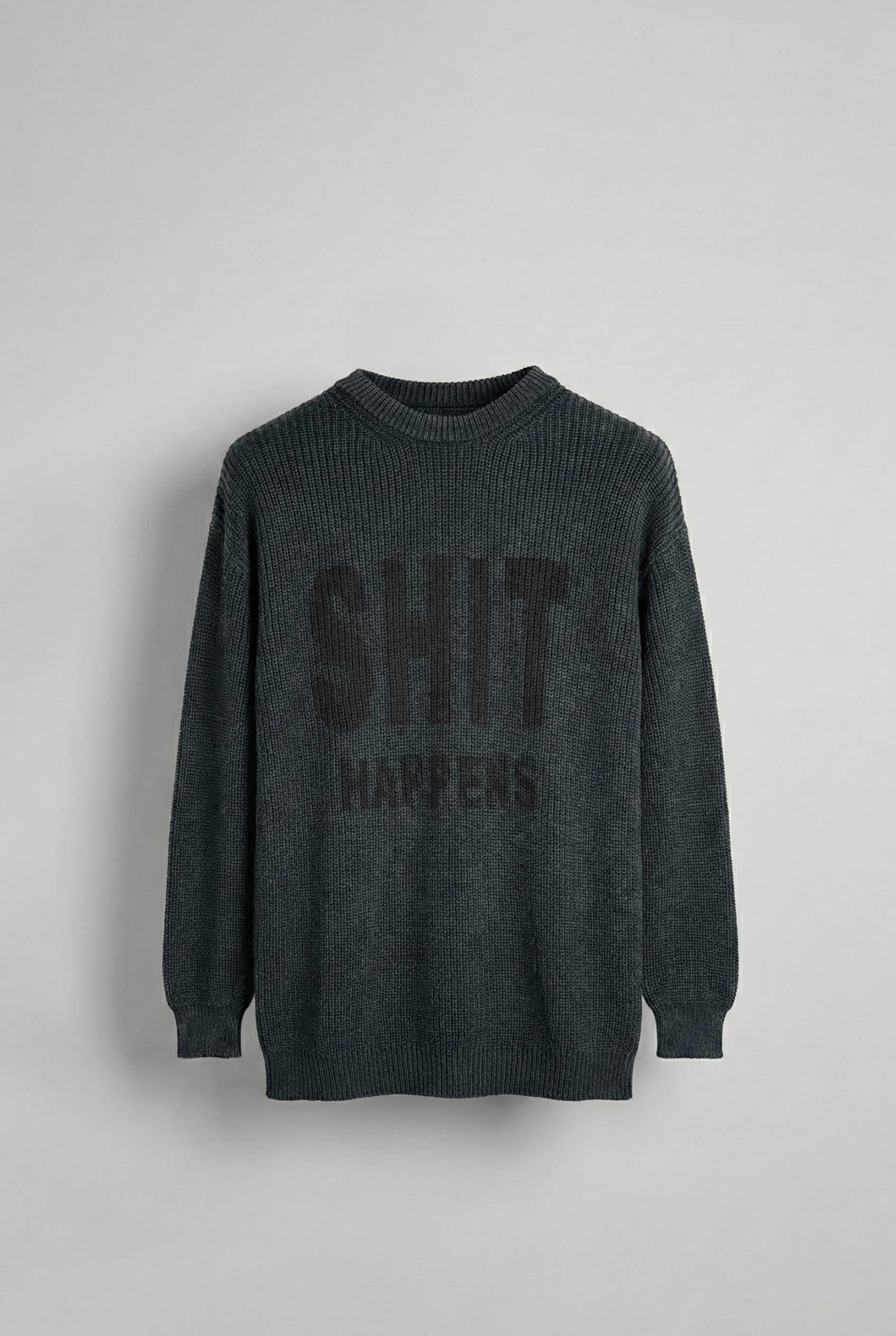 Erkek Relaxed Fit Yıkamalı Örme Kazak %100 Pamuk Siyah