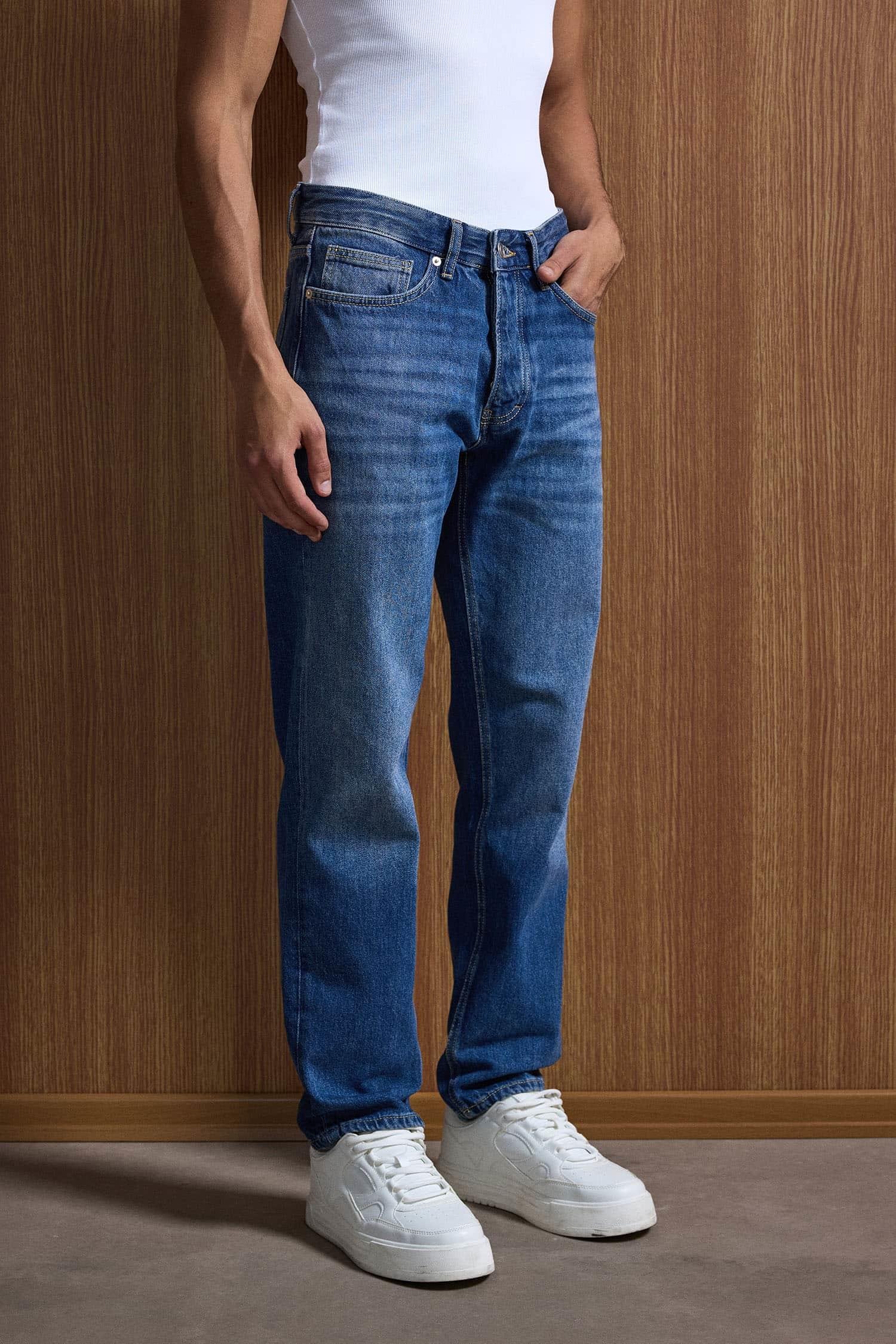 Erkek Relaxed Straight Fit Basic Jean Mavi
