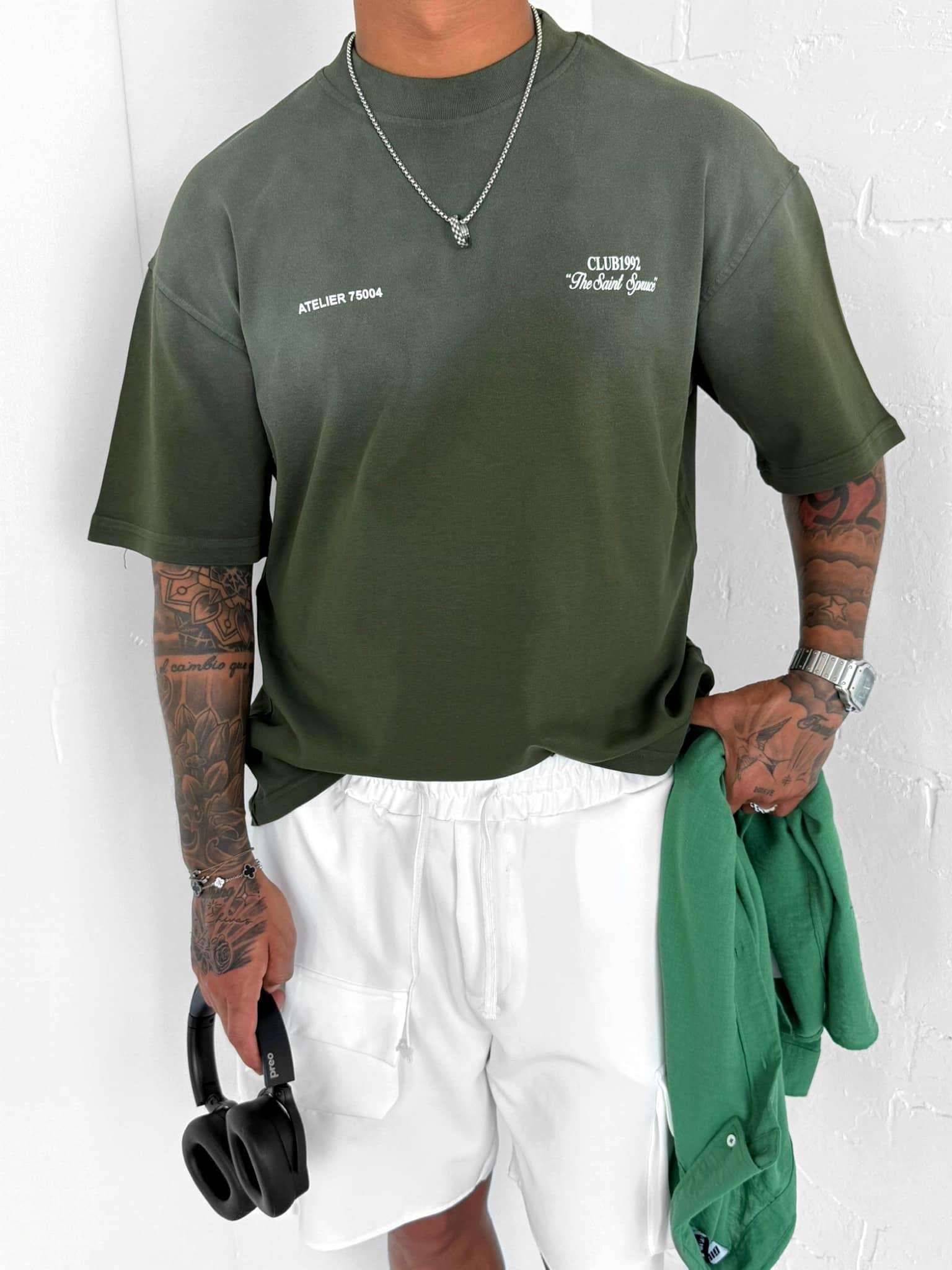 Erkek Renk Geçişli Baskılı Oversize Yıkamalı T-Shirt Yeşil