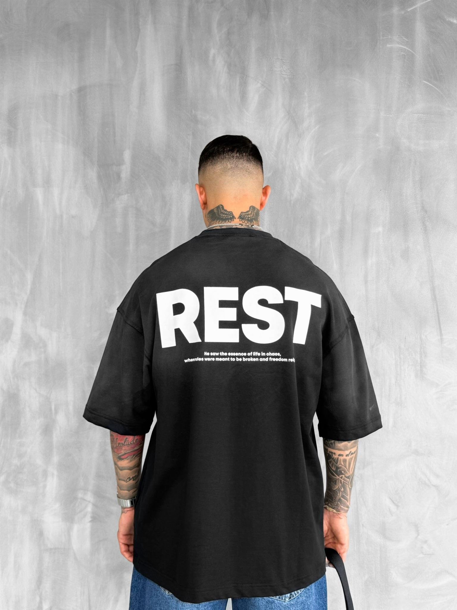 Erkek Rest Baskılı Oversize Yıkamalı T-Shirt Siyah