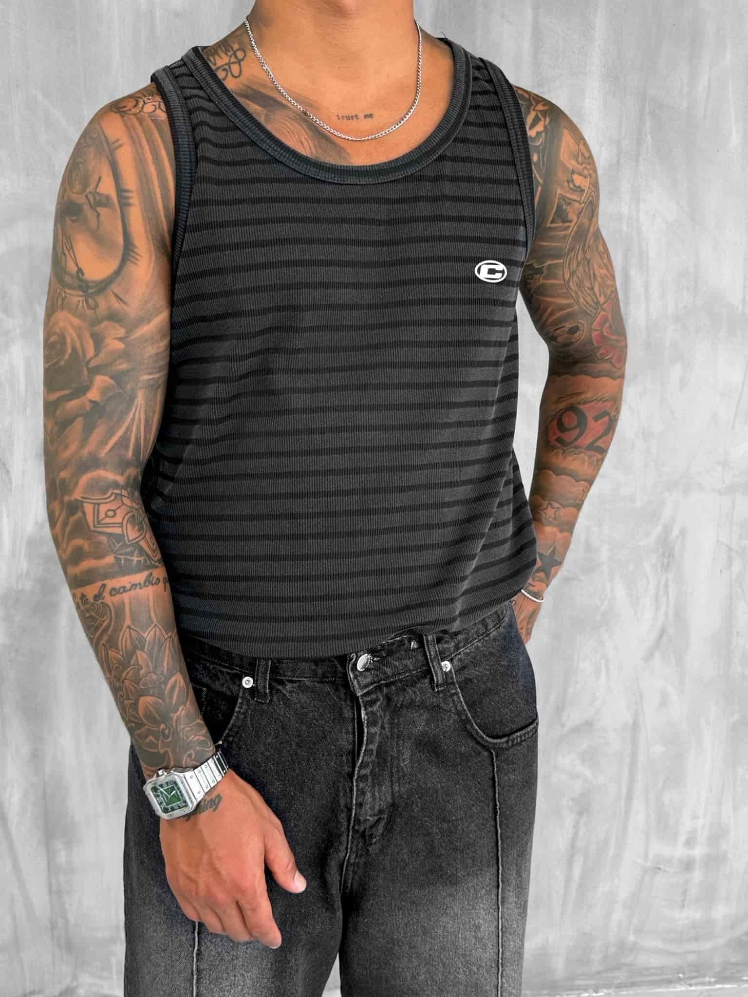 Erkek Ribana Kumaş Çizgili Atlet Antrasit