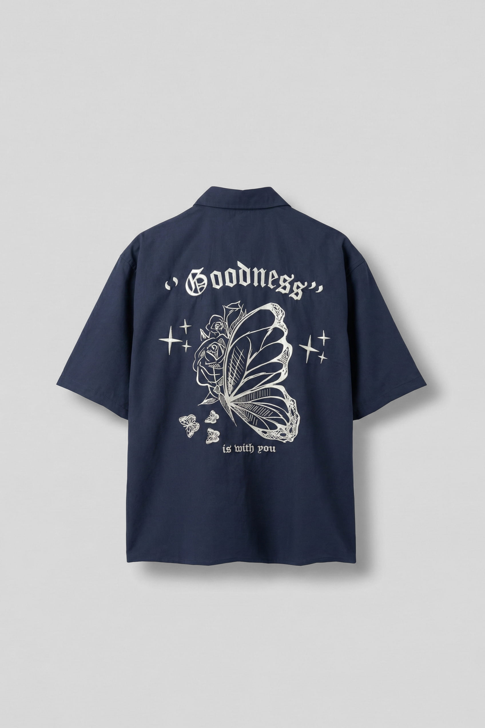 Erkek Sırt Baskılı Kısa Kollu %100 Pamuk Gömlek Lacivert